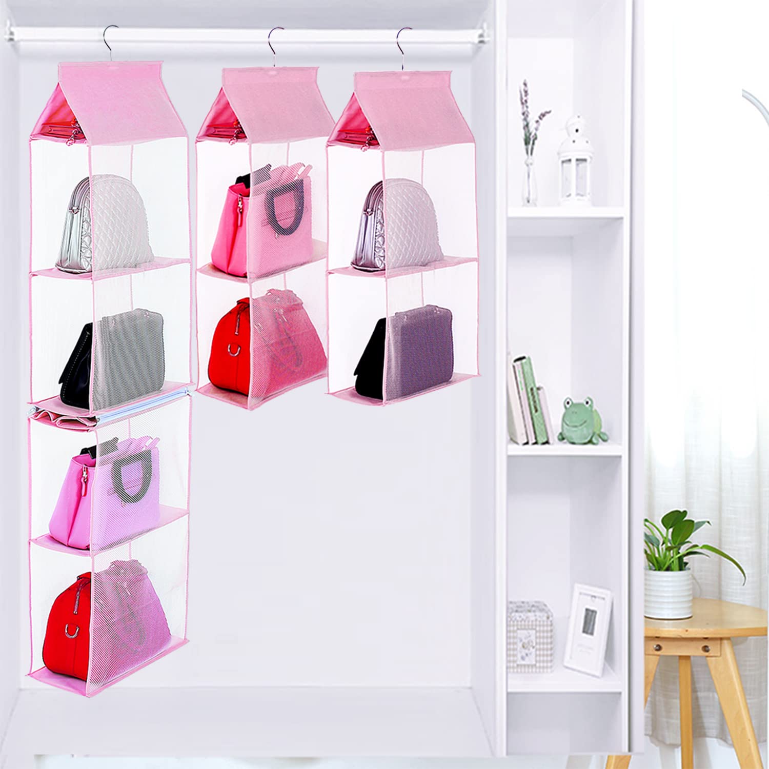 Keepjoy Hanging Handbag Organizer - 4-Tier Heavy Duty Mesh Purse Storage for Closet, Pink | Space-Saving Bag Holder for Women's Accessories, Perfect for Bedroom, Walk-In Closet & Dorm Organization
