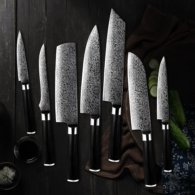 Premium 7-Piece Noir Knife Set - VG10 Stainless Damascus Steel with Black G10 Handle - Perfect for Home Chefs, Professional Kitchens & Gift Giving