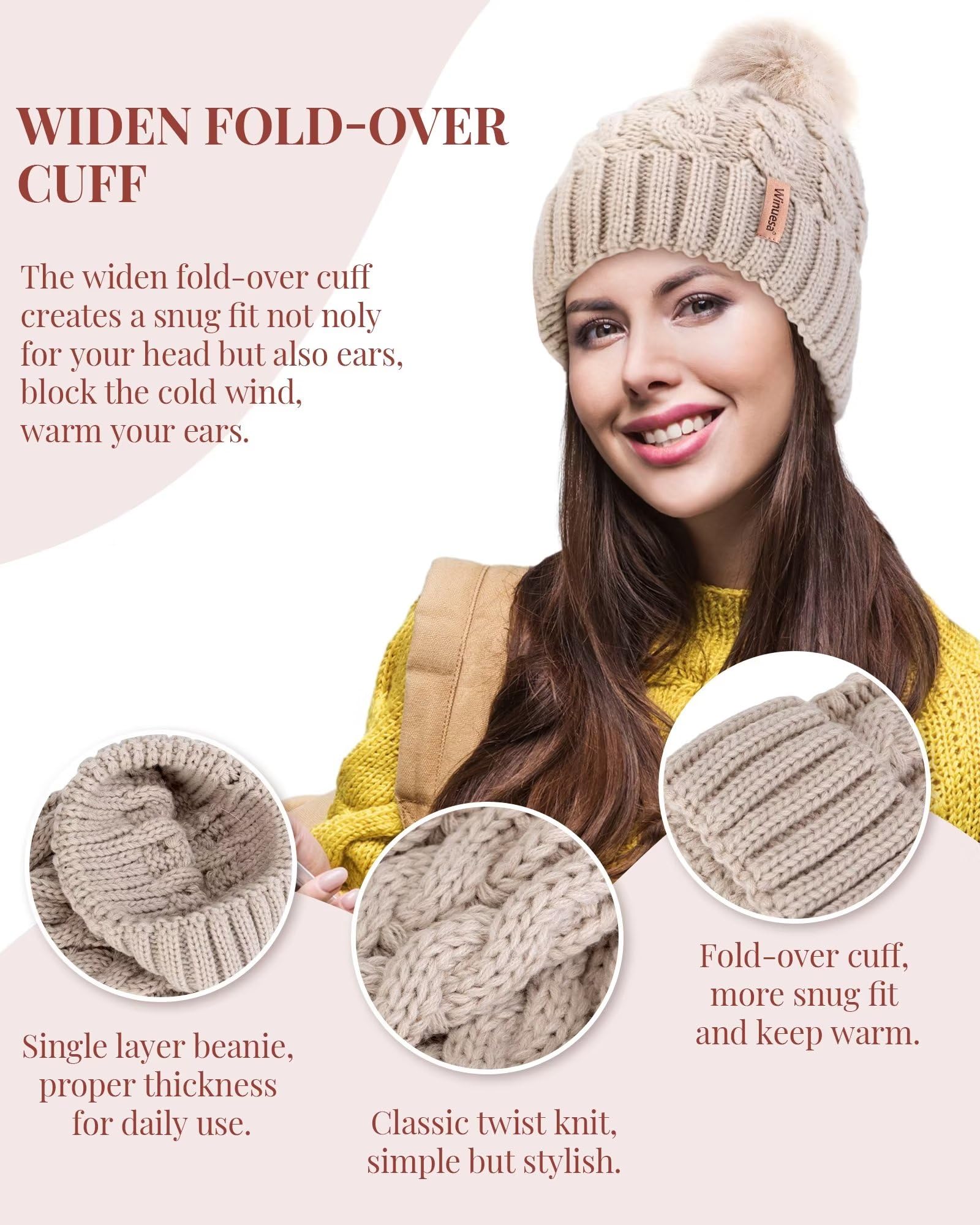 3 PCS Women's Knit Beanie Hats with Pom Pom - Warm Winter & Fall Fashion Hats for Ladies - Perfect for Outdoor Activities, Skiing, Snowboarding & Casual Winter Wear