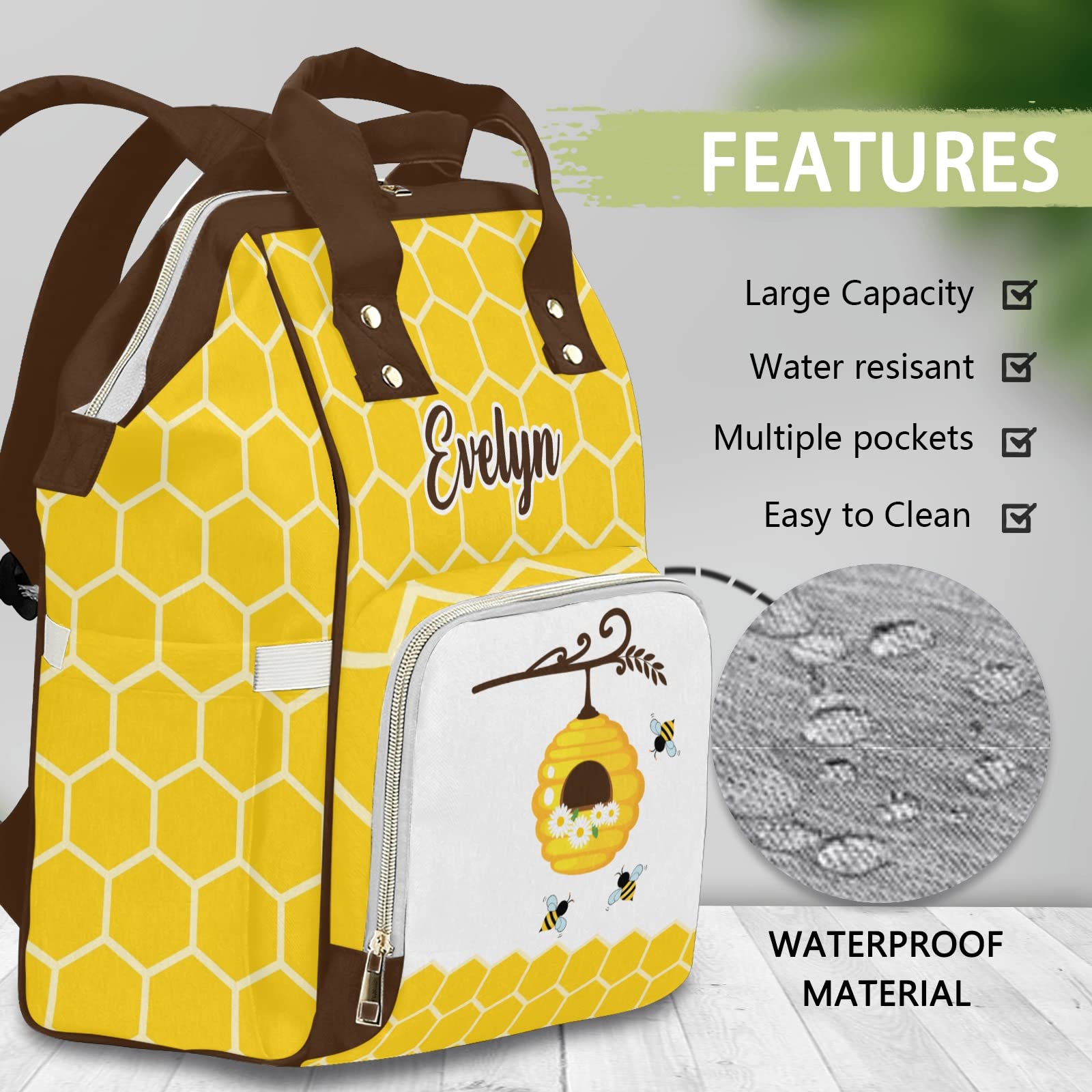 Personalized Diaper Bag Backpack Tote - Cute Bee Honey Design, Custom Baby Shower Gift for New Moms | Perfect for Travel, Daycare & On-the-Go Parenting