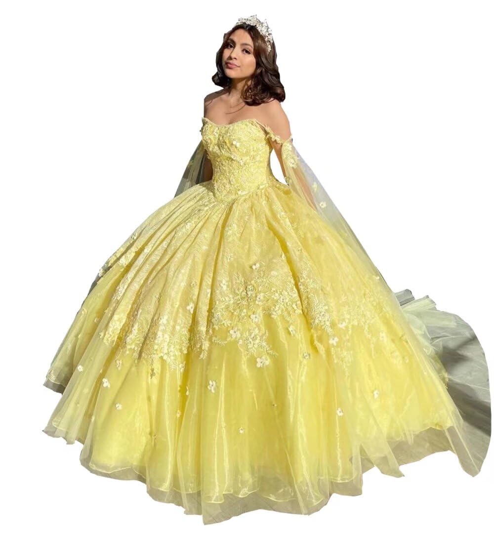 Elegant 3D Floral Lace Quinceañera Dress with Detachable Wraps - Off Shoulder Ball Gown for Prom 2025 | Perfect for Sweet 16, Debutante Balls & Formal Evening Events