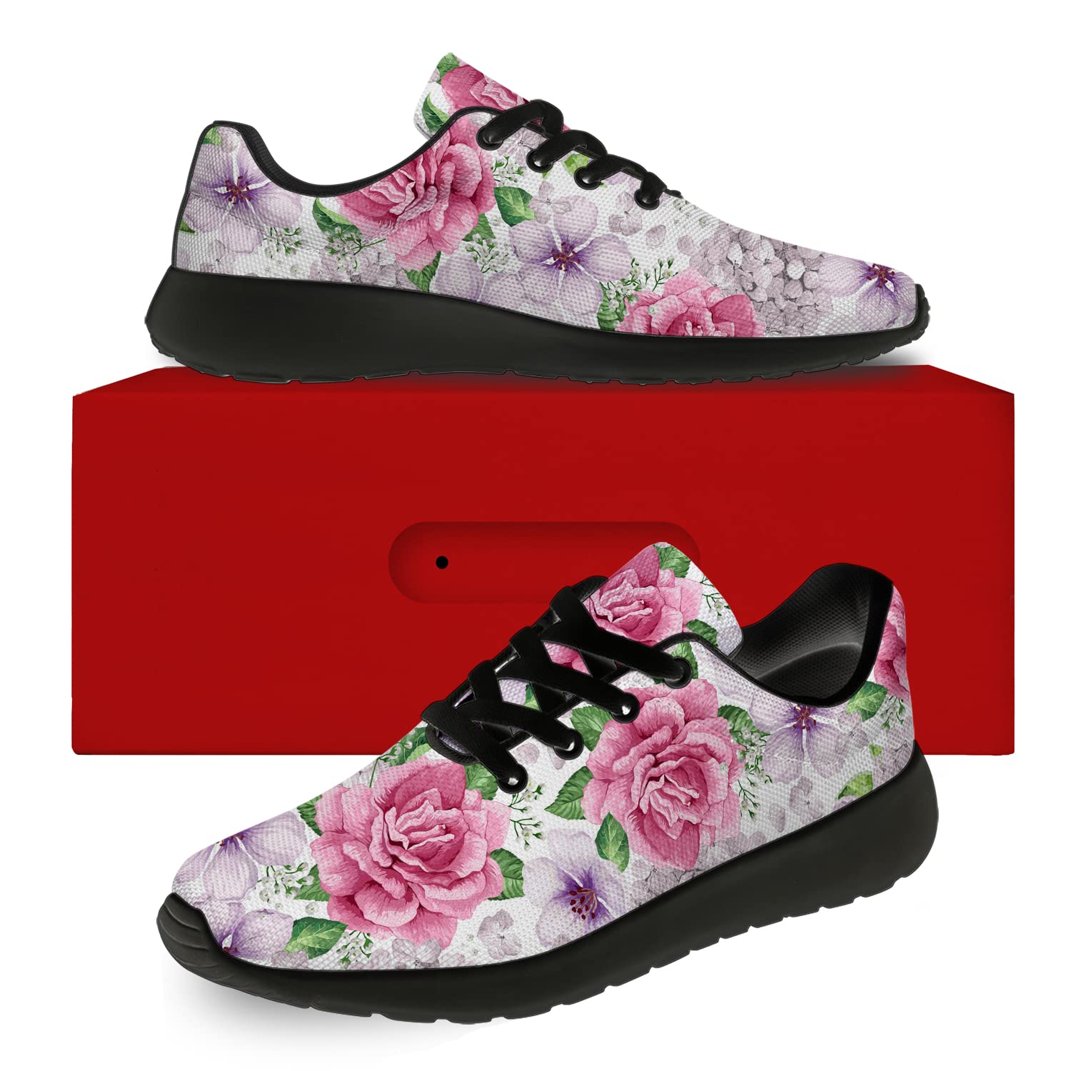 Rose Flower Running Shoes for Women & Men - Comfortable Walking & Tennis Sneakers with Hydrangea Design - Perfect Gift for Boys & Girls - Size 8 Men/9.5 Women in Black - Ideal for Jogging, Gym Workouts & Casual Wear