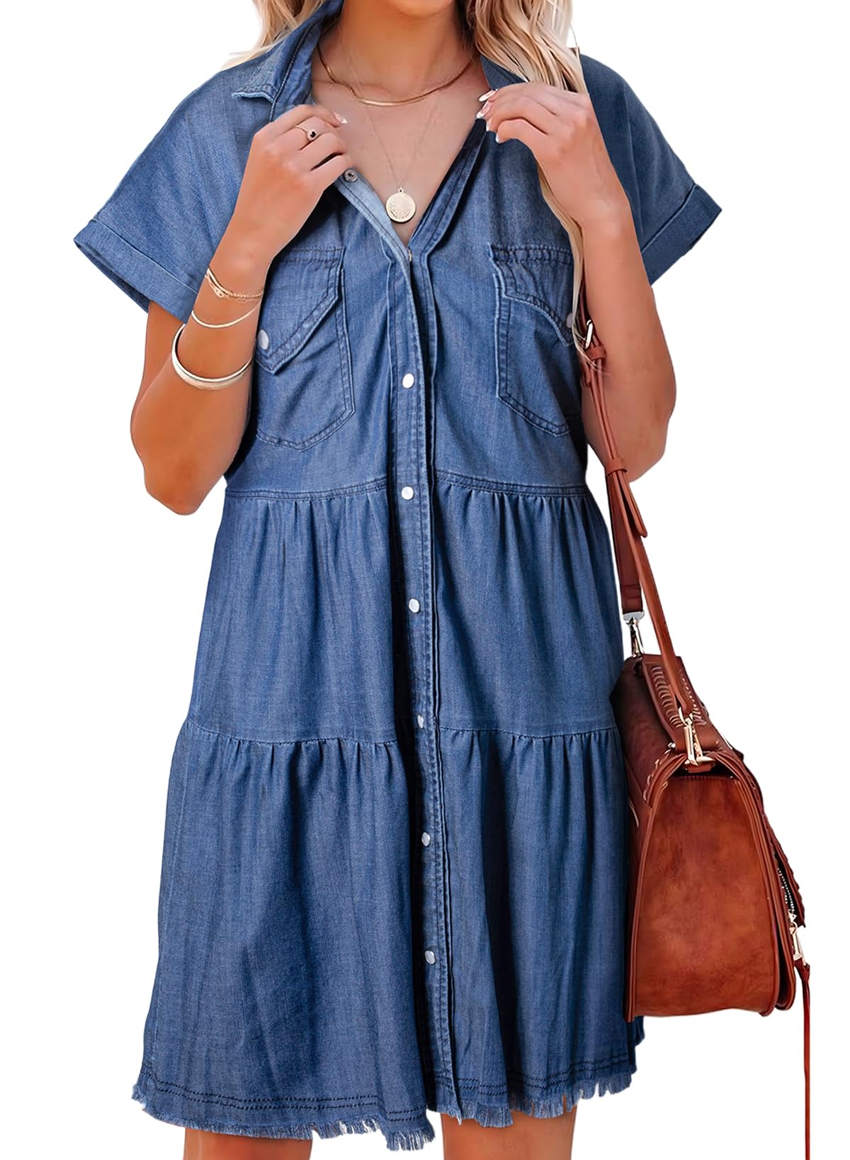 Sidefeel Women's 2024 Fashion Denim Dress with Frayed Hem, Button Front & Pockets - Short Sleeve Casual Jean Dress for Summer Outfits, Streetwear & Boho Style