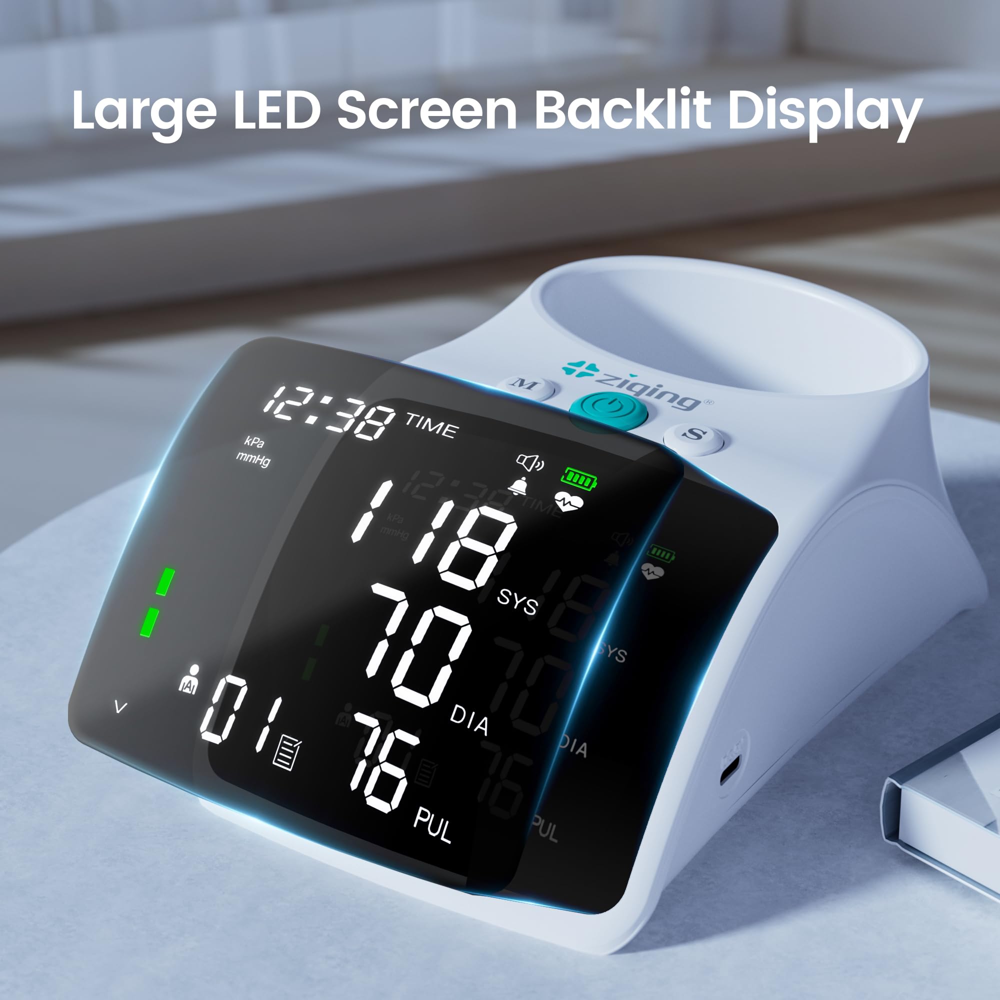 Rechargeable Upper Arm Blood Pressure Monitor with XL Large Cuff, LED Backlit Display, 198 Memory Storage & Voice Function - Portable BP Machine with Carrying Case for Home Use, Travel, and Health Monitoring