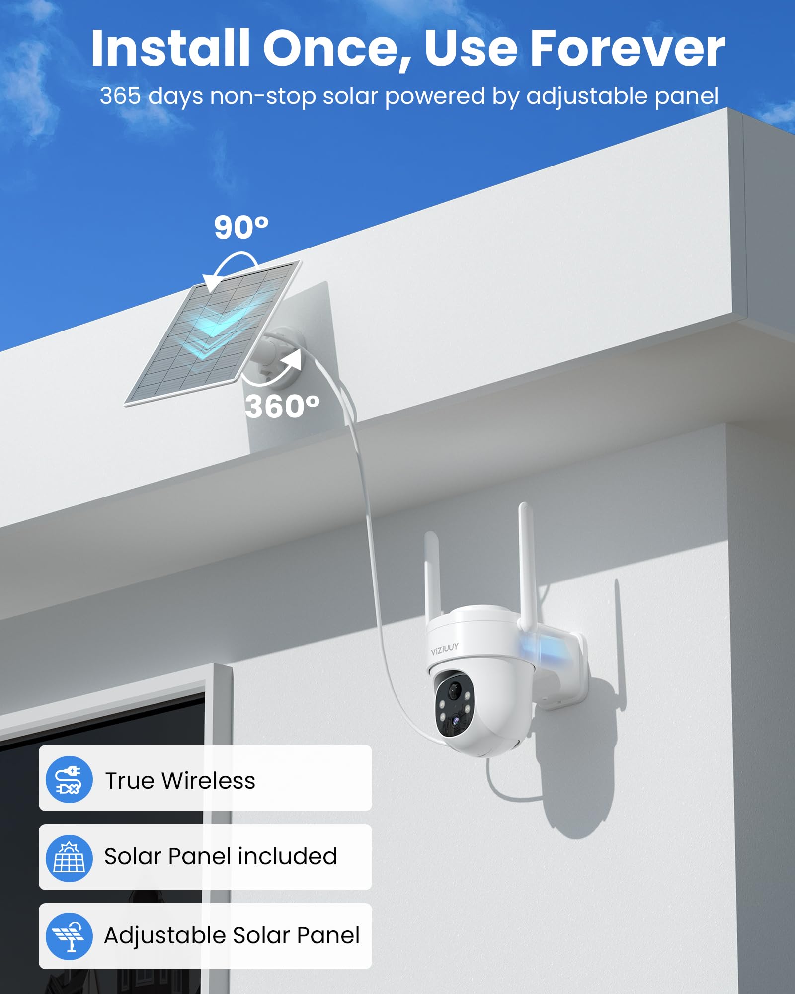 Wireless Solar Security Camera Outdoor - 3MP 360° Pan Tilt WiFi Camera with Color Night Vision, PIR Motion Sensor, 2-Way Audio, Alexa & Google Assistant Compatible - Ideal for Home, Garage, and Backyard Surveillance