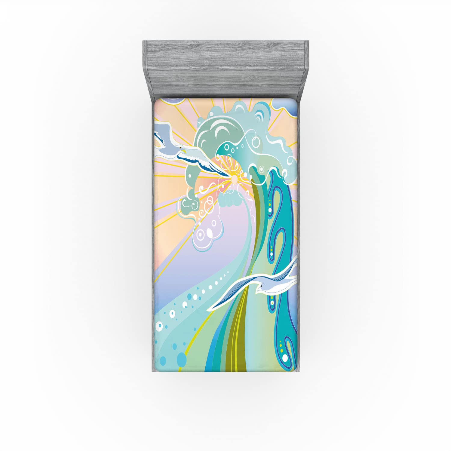 Ambesonne Modern Fitted Sheet - Cartoon Waves, Birds & Sunset Design - Deep Pocket Twin XL Bed Cover | Multicolor Art Print for Kids & Guest Rooms