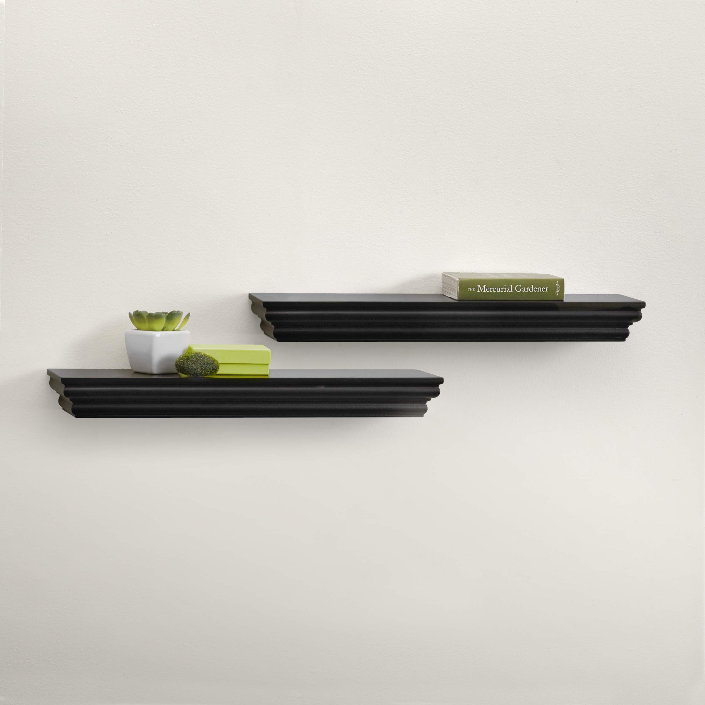 Melannco Floating Wall Mounted Molding Shelf Set of 2 - Black Wooden Display Shelves for Home Decor, Living Room, Bedroom, Bathroom & Office Organization