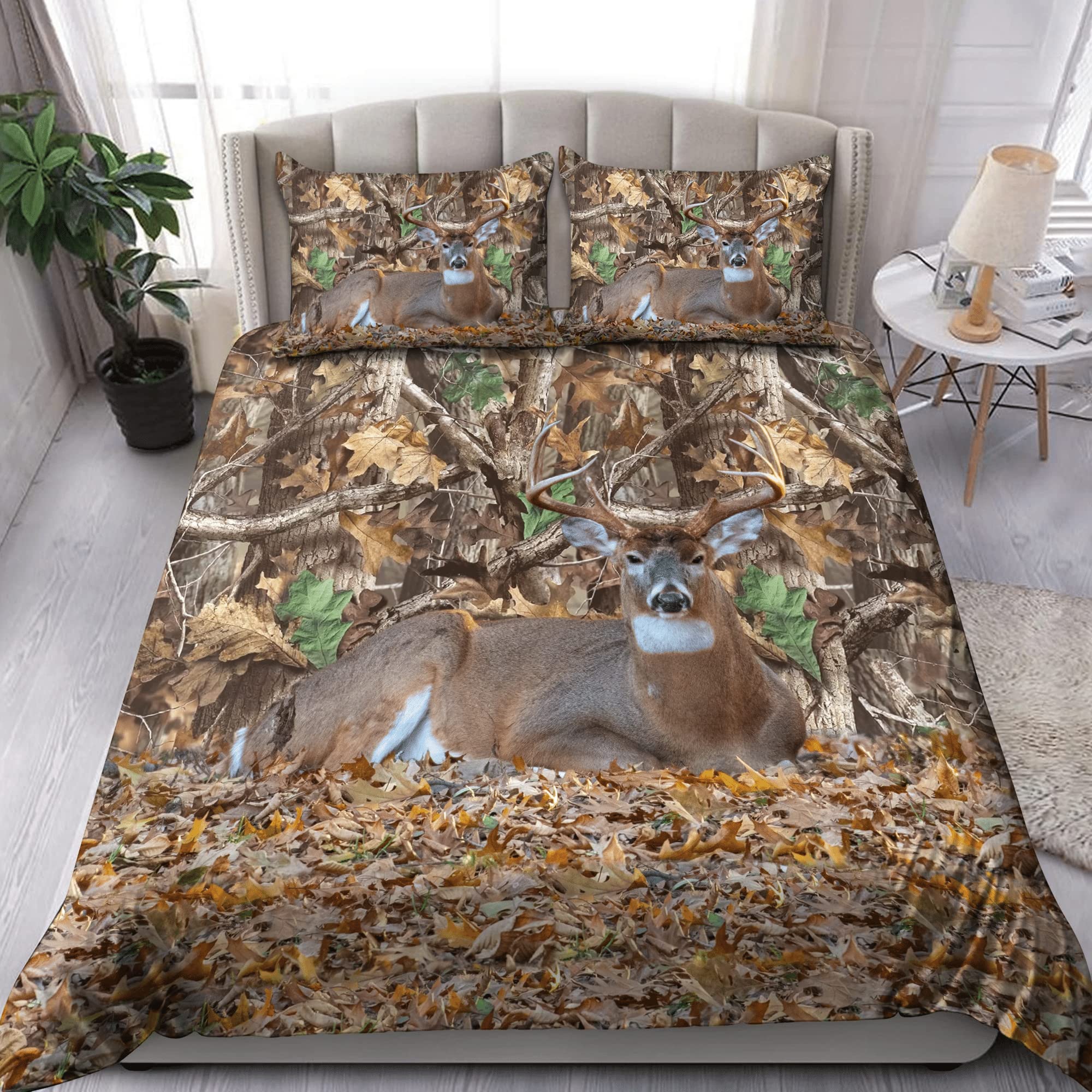 Premium Camo Deer Leaves Comforter Set - Soft Microfiber Bedding for All Seasons, King/Queen/Twin Size, Includes 2 Pillow Covers - Perfect for Hunting Enthusiasts & Cozy Bedroom Decor
