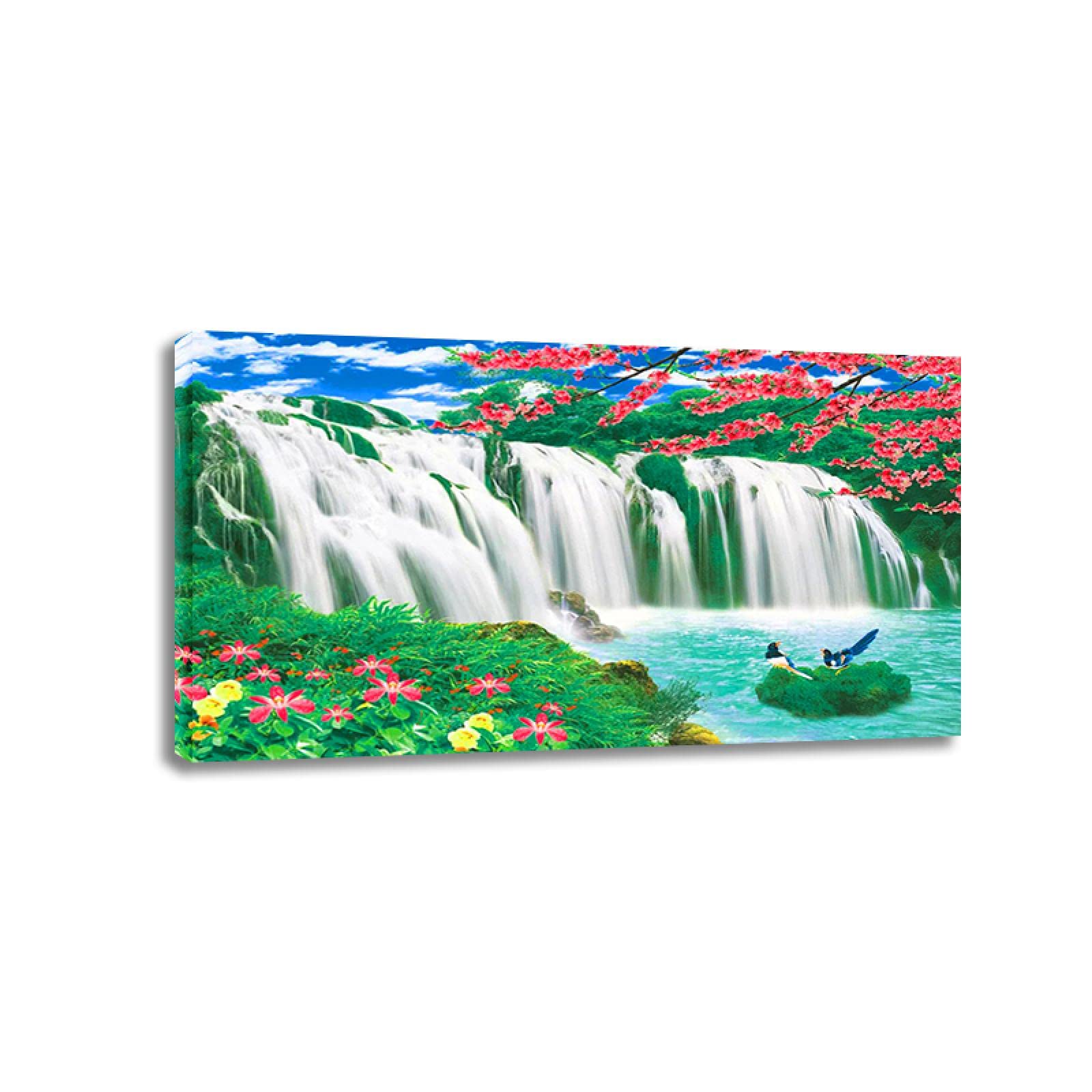 Framed Canvas Wall Art - Waterfall Spring Flower Landscape Painting Print for Living Room Decor (70x140cm/27.5x55in) | Nature Home Decor & Wall Hanging Art for Bedroom, Office