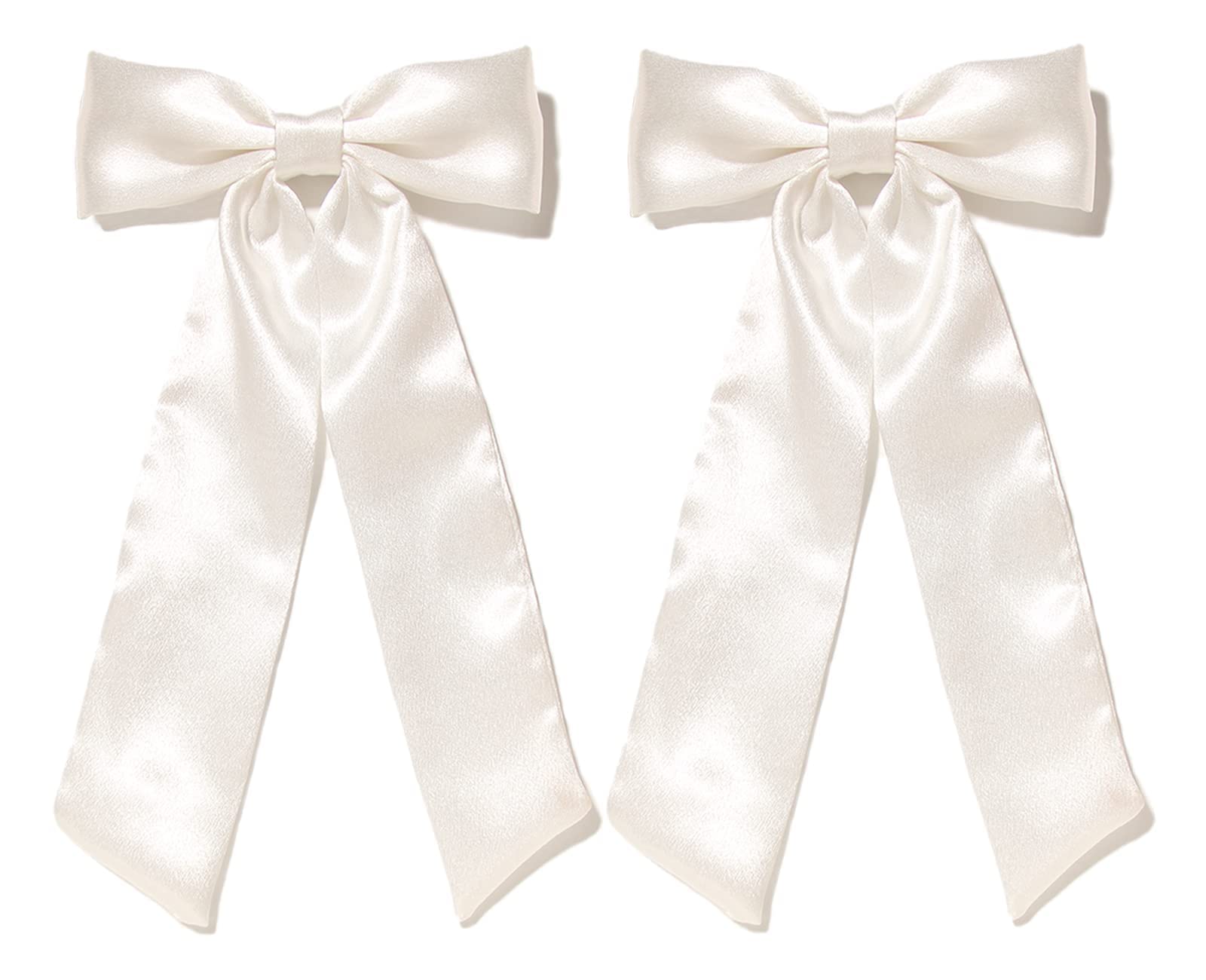 Elegant White Satin Hair Bows for Women & Girls - 2pcs Long Tail Ribbon Hair Clips, Big Pompom Barrettes Hair Accessories | Perfect for Weddings, Parties & Everyday Style