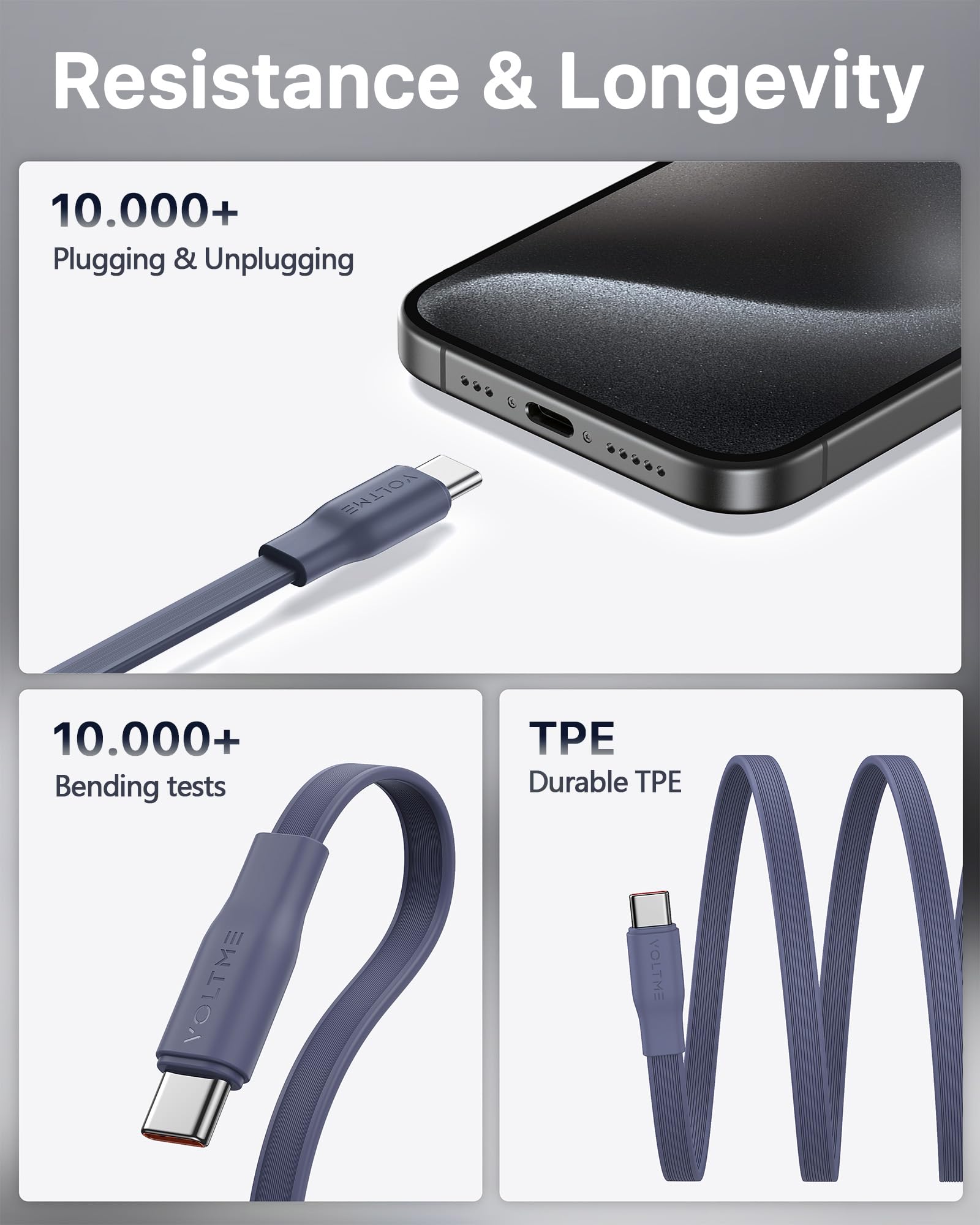 VOLTME 60W USB C to USB C Fast Charging Cable (3.3ft) - Retractable Type C Cable Compatible with iPhone 15, MacBook Pro, iPad Pro/Air, Galaxy S24+/Ultra - Perfect for Travel, Office & Home Charging (Blue)