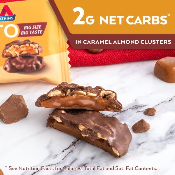 Atkins Caramel Almond Clusters - Gluten Free, High Fiber, Low Sugar (1g), Keto Friendly Snack - 2g Net Carbs, 20 Count - Perfect for Keto Diet, Weight Loss & Healthy On-the-Go Snacking