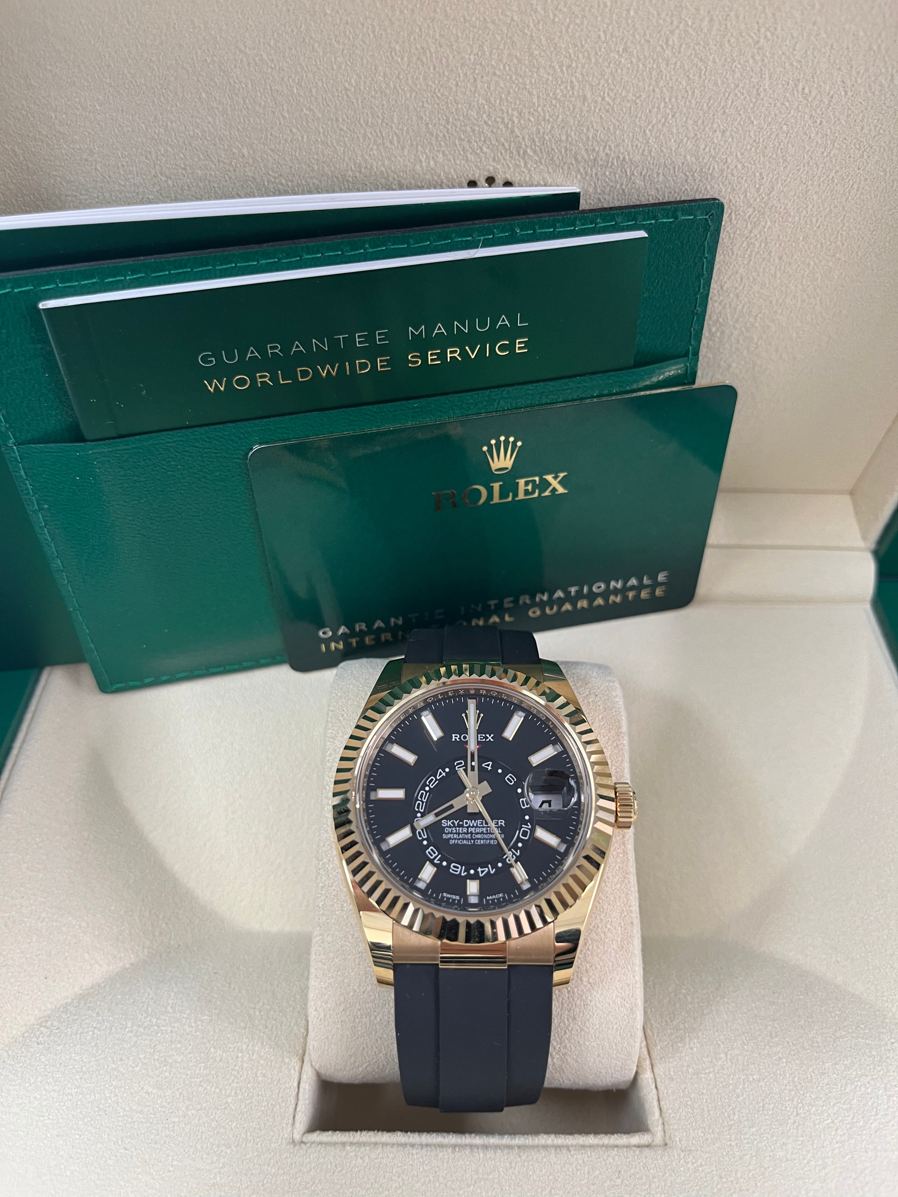 Rolex Sky-Dweller 18K Yellow Gold Watch with Black Index Dial & Oysterflex Bracelet (Ref# 326238) - Luxury Timepiece for Business Travelers & Watch Collectors