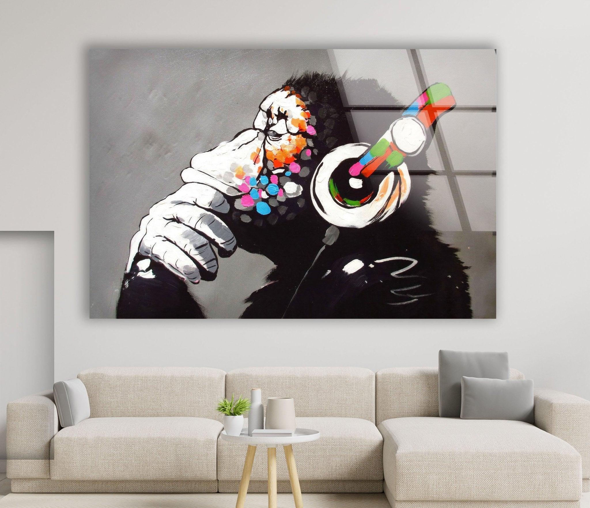 Banksy DJ Monkey Gorilla Thinking Glass Wall Art - Modern Canvas Print for Home & Office Decor - Perfect for Living Room, Bedroom or Studio