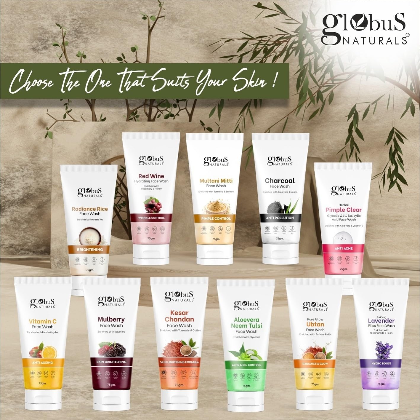Globus Naturals Face Wash Combo Set of 3 (75g Each) - Kesar Chandan, Vitamin C & Ubtan for Glowing Skin | Daily Cleansing, Acne Control & Brightening | Perfect for Morning & Night Skincare Routine