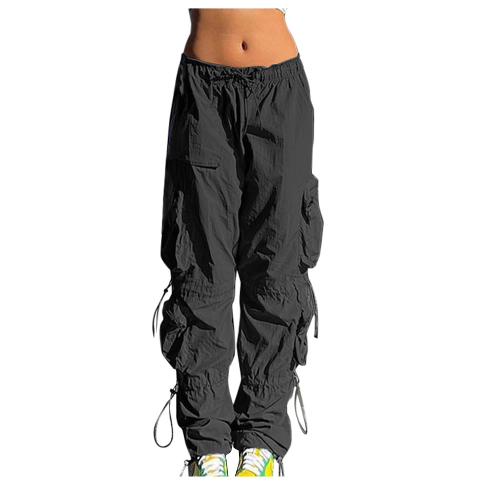 Binmer Y2K Cargo Pants for Women - Baggy Low Waist Jogger Pants with Pockets | Hippie Punk Streetwear | Solid Color Full Length Trousers | Perfect for Casual Wear, Music Festivals & Urban Fashion