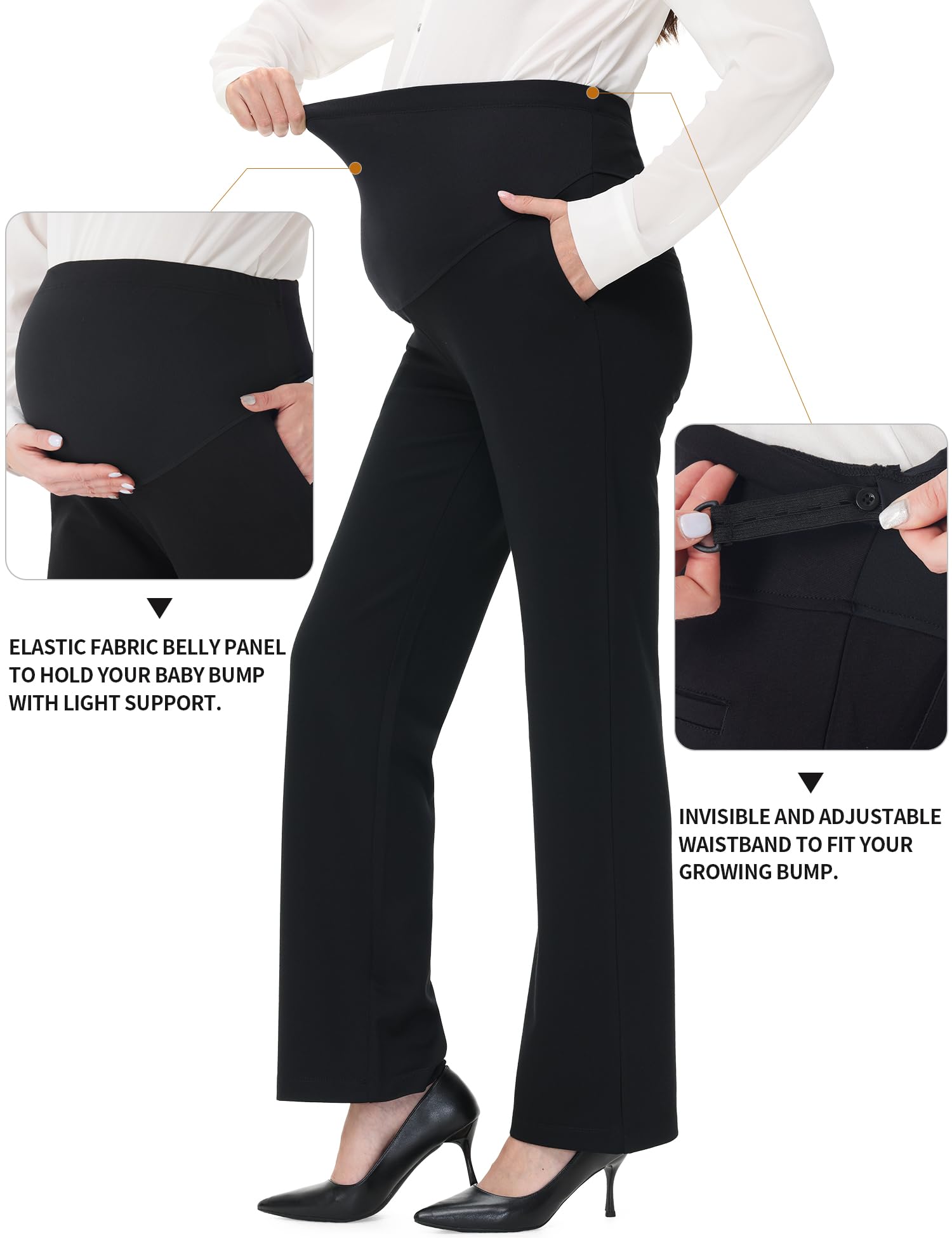URBEST Women's Maternity Straight Leg Dress Pants - Stretchy Over The Belly Work Pants with Pockets for Office & Pregnancy Comfort