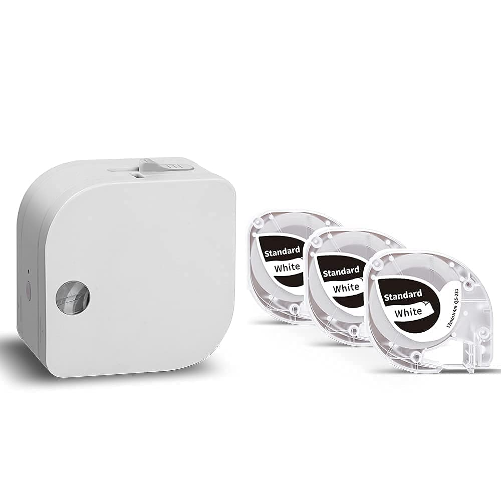 Phomemo P12 Bluetooth Label Maker Machine with Tape - 3 Pack Black on White Plastic Labels for Indoor & Outdoor Use - Perfect for Home, Office, Warehouse Organization and DIY Projects