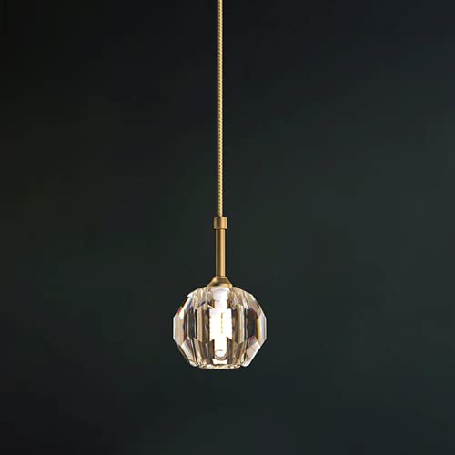 Modern Crystal Island Pendant Light - Vintage Glass Chandelier with Brass Finish, 1-Light Soccer Ball Shape Ceiling Fixture for Kitchen Island, Dining Room, Living Room & Bedroom - Perfect for Contemporary Home Decor and Ambient Lighting