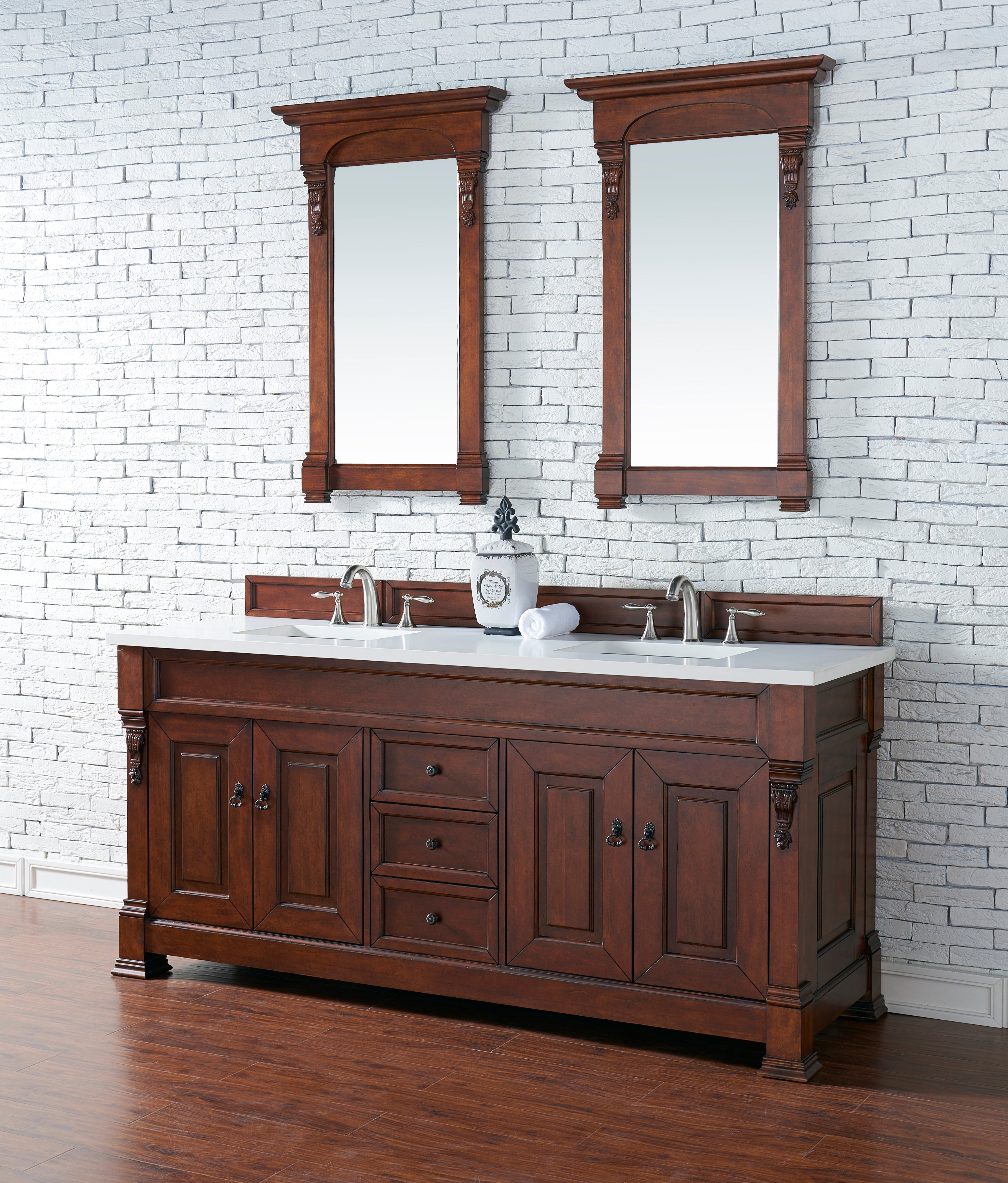 Brookfield 72 Inch Double Bathroom Vanity with Warm Cherry Finish & 3CM Classic White Quartz Countertop - Perfect for Master Bathroom or Guest Bath Remodel