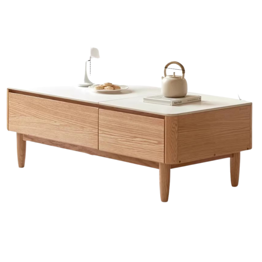 Solid Oak Wood Modern Lift-Top Coffee Table with Slate Surface - Perfect for Living Room, Home Office, and Small Spaces