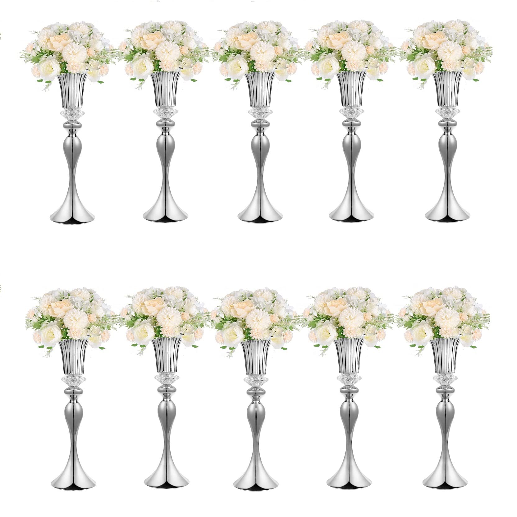 10Pcs Gold Trumpet Vase Set with Crystal Beads - Elegant Wedding Centerpieces, Birthday Party Decor, Home Table Decorations for Dining Room, Living Room & Special Events