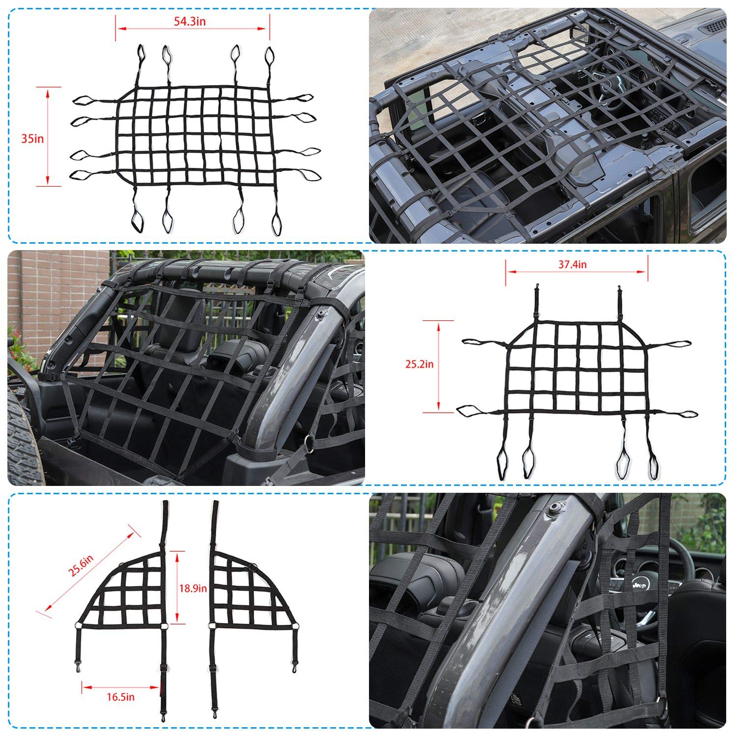 CheroCar 3-Pack Black Pet Barrier Net & Cargo Restraint for Jeep Wrangler 2018-2020 JL/JLU 4-Door (Rubicon/Sahara/X/Sport) - Trunk Organizer, Pet Safety & Luggage Protection for Road Trips & Off-Road Adventures