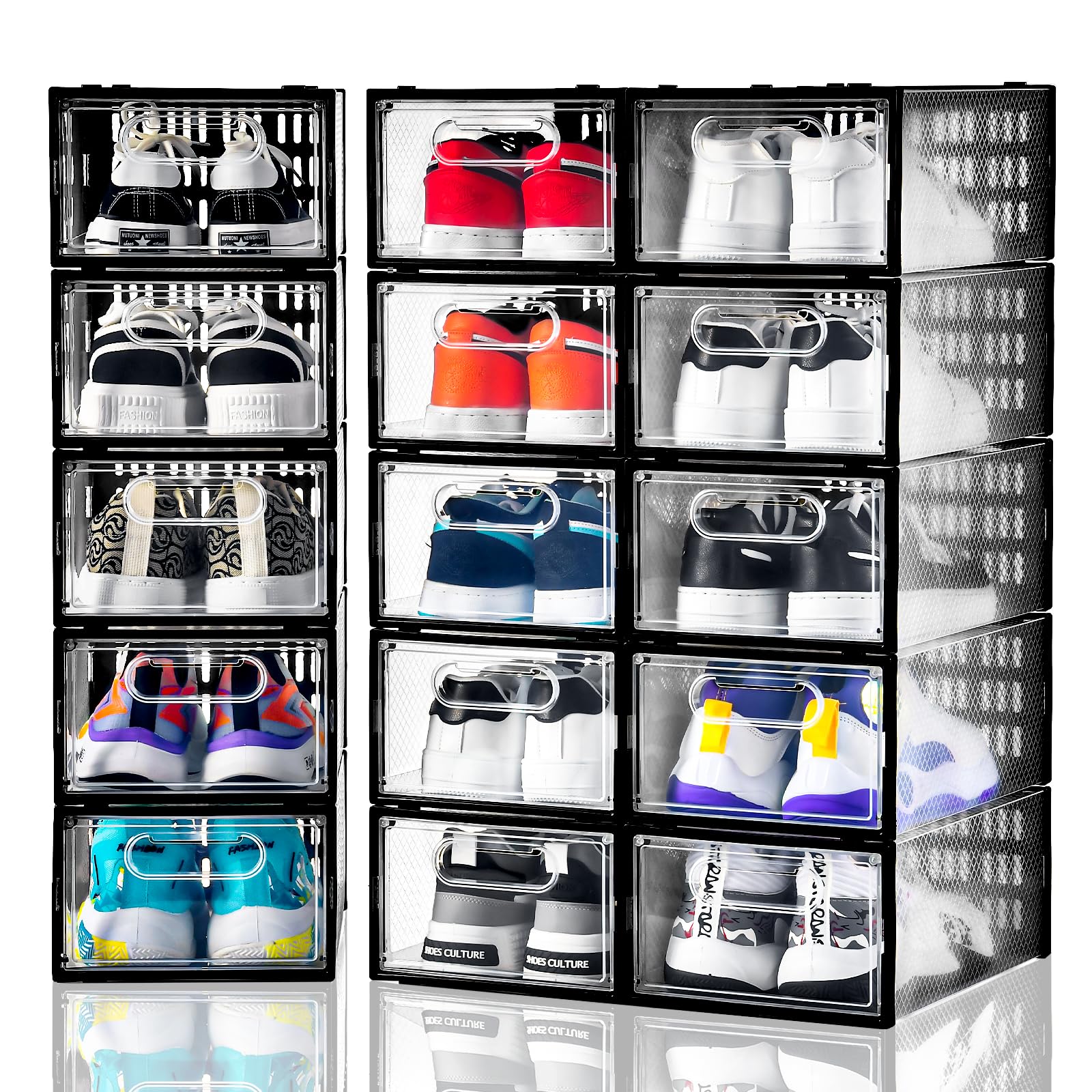 Clemate 15 Pack Clear Plastic Stackable Shoe Storage Boxes with Magnetic Door - Foldable Shoe Organizer for Closet, Sneaker Storage Bin, Shoe Rack Container (Size 9) - Perfect for Bedroom, Dorm & Entryway Organization