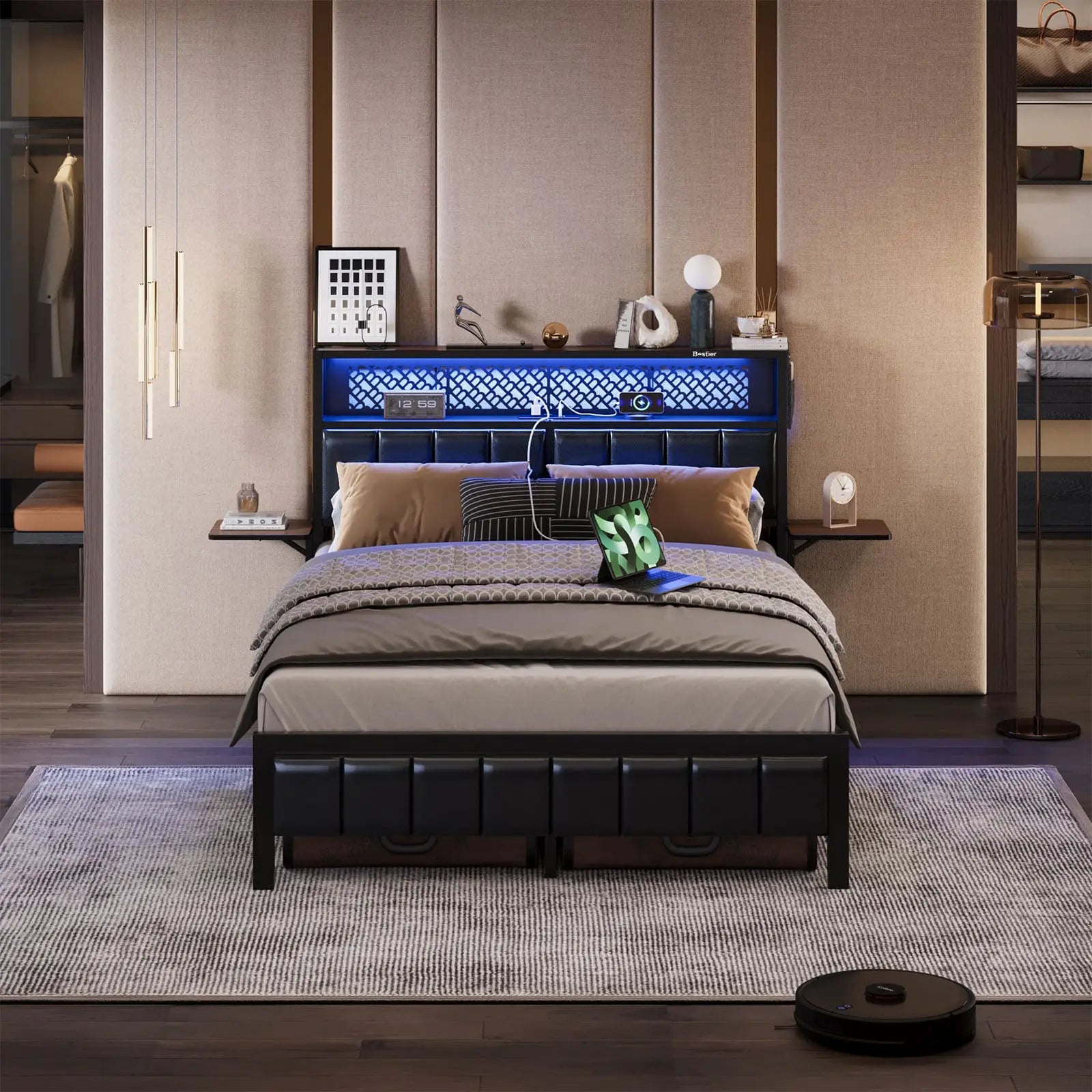 Bestier King/Queen/Full Size Bed Frame with USB Charging Station - Sturdy Metal Platform Bed with Headboard & LED Lights - Perfect for Modern Bedrooms & Guest Rooms
