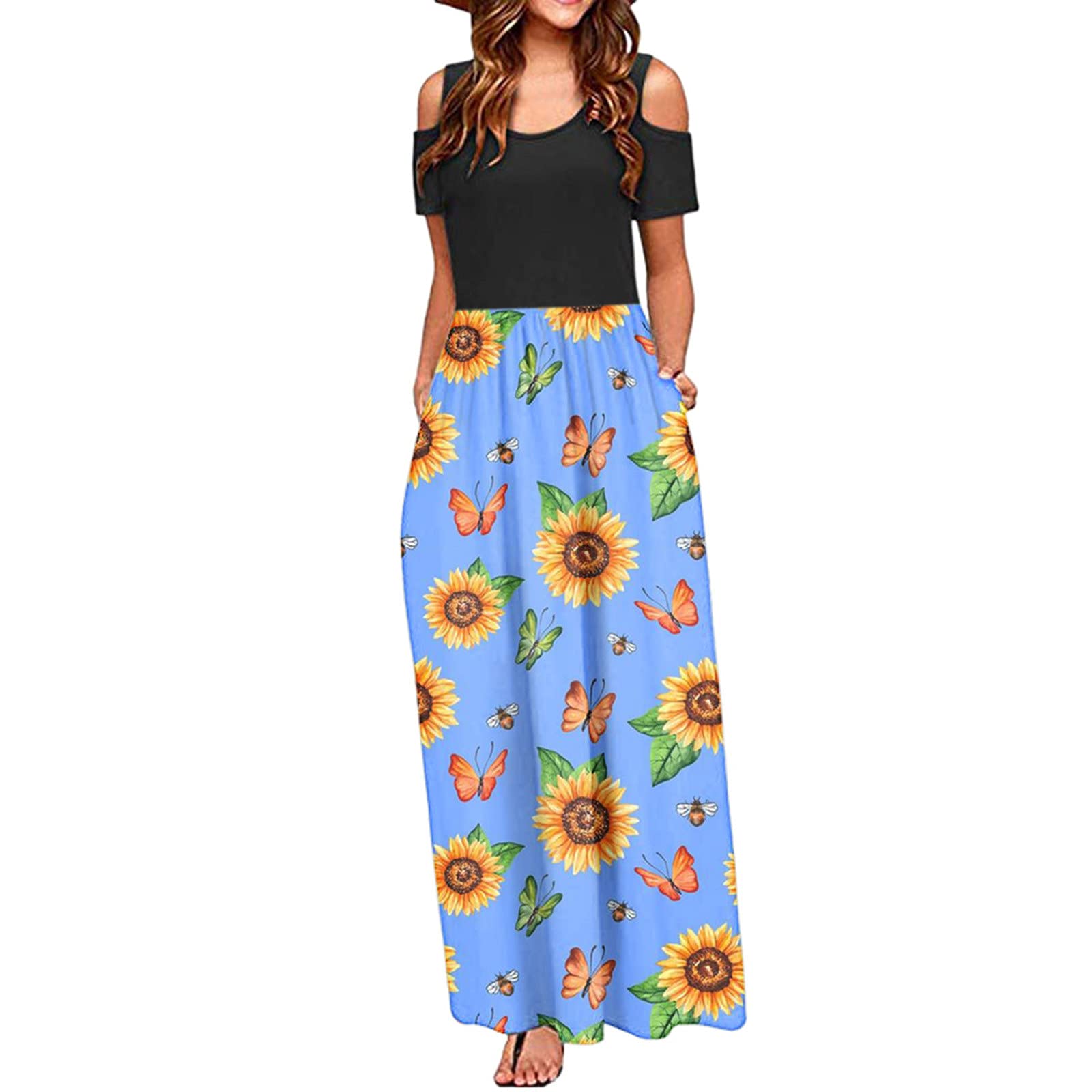 Elegant Floral Print Maxi Dress for Women with Cold Shoulder & Pockets - Summer Casual Long Dress | Perfect for Beach, Vacation & Outdoor Parties
