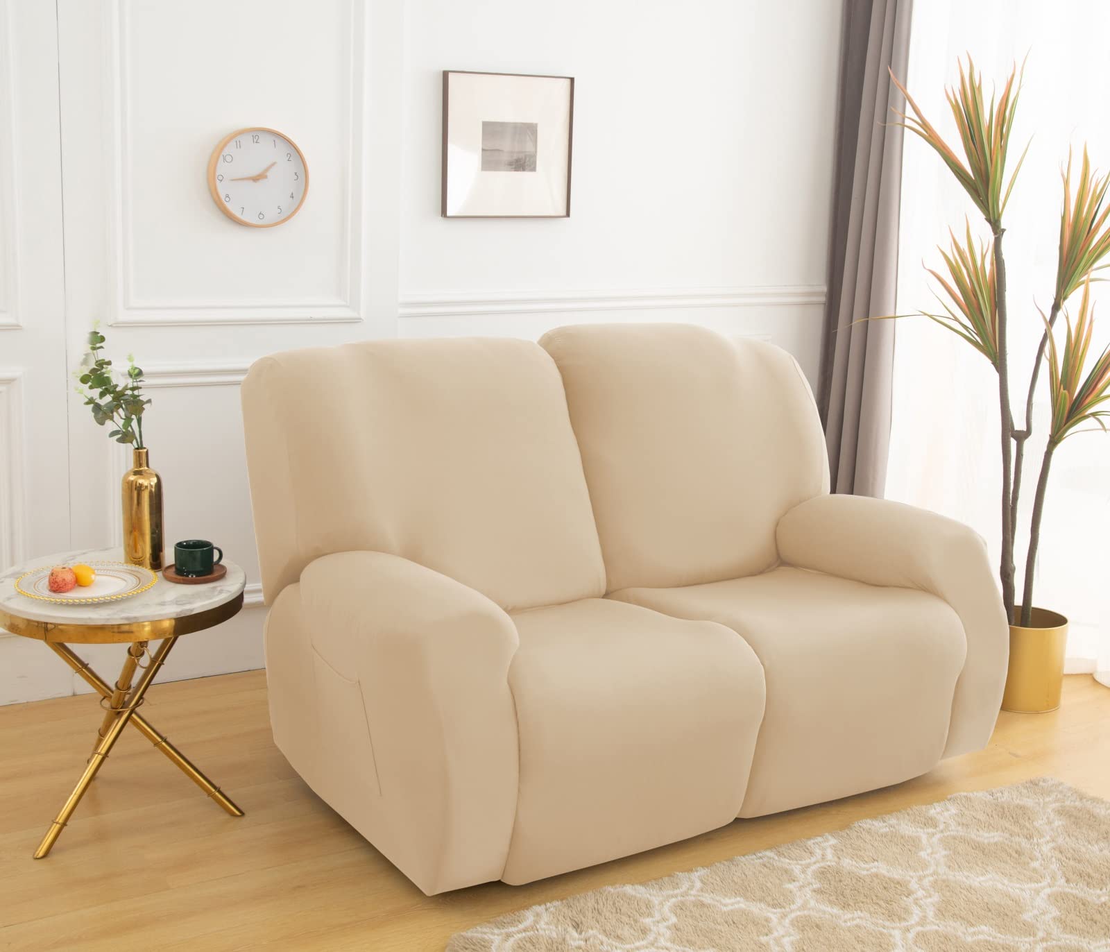 Stretch Milk Silk Loveseat Recliner Cover - 2 Seat Sofa Slipcover for Double Recliner, Furniture Protector (Beige) | Perfect for Living Room, Home Theater & Family Room Decor