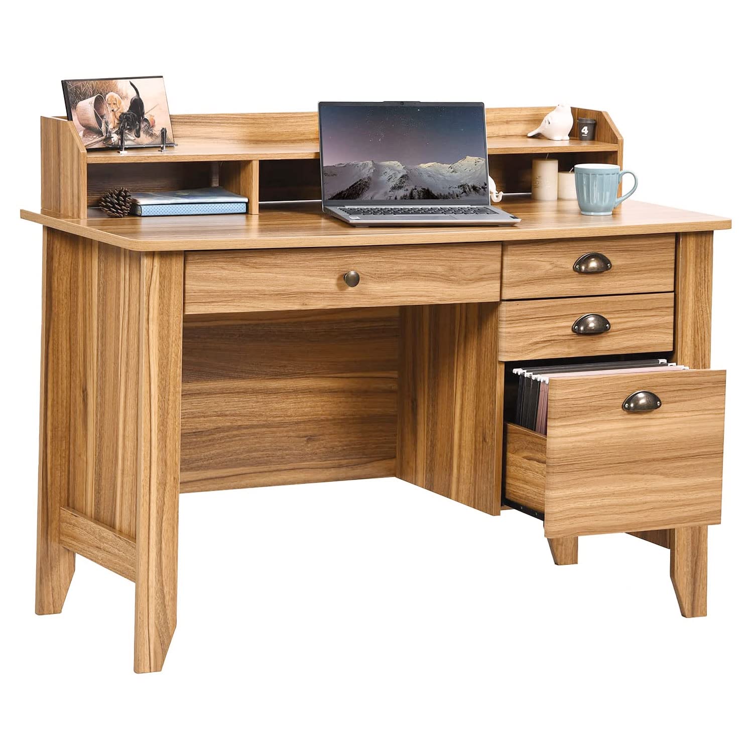 Farmhouse Style Computer Desk with Drawers & Hutch - Rustic Oak Wood Home Office Desk, Writing Table for Students & Professionals - Perfect for Small Spaces, Bedrooms & Home Offices - Organize Files & Boost Productivity