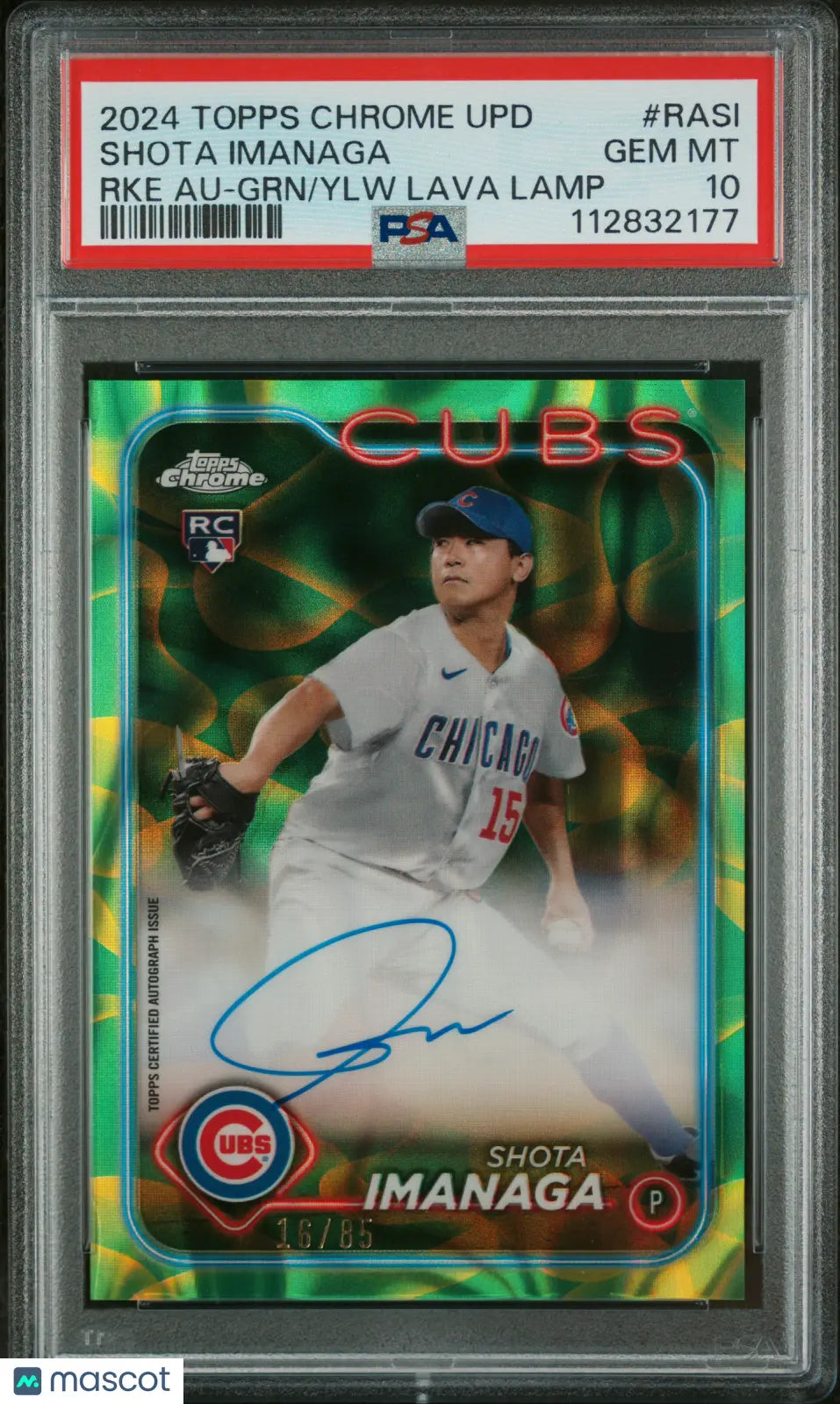2024 Topps Chrome Shota Imanaga Rookie Card Auto Green Yellow Lava Lamp PSA 10 /85 - Rare Baseball Collectible for Display & Investment