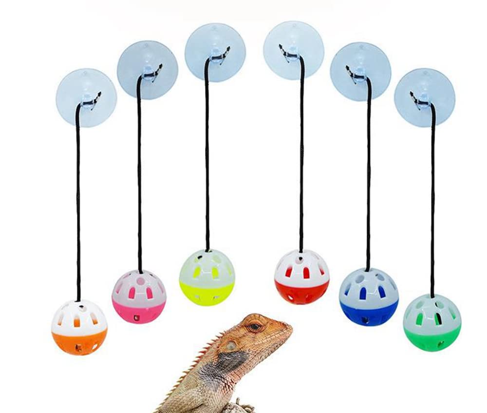 HAICHEN TEC 6 Pack Bearded Dragon Toy Bell Balls - Reptile Exercise & Enrichment Toys with Suction Cups & Ropes for Lizards, Geckos & Small Pets - Fun Interactive Play for Terrarium & Habitat Enrichment (6 Pack)