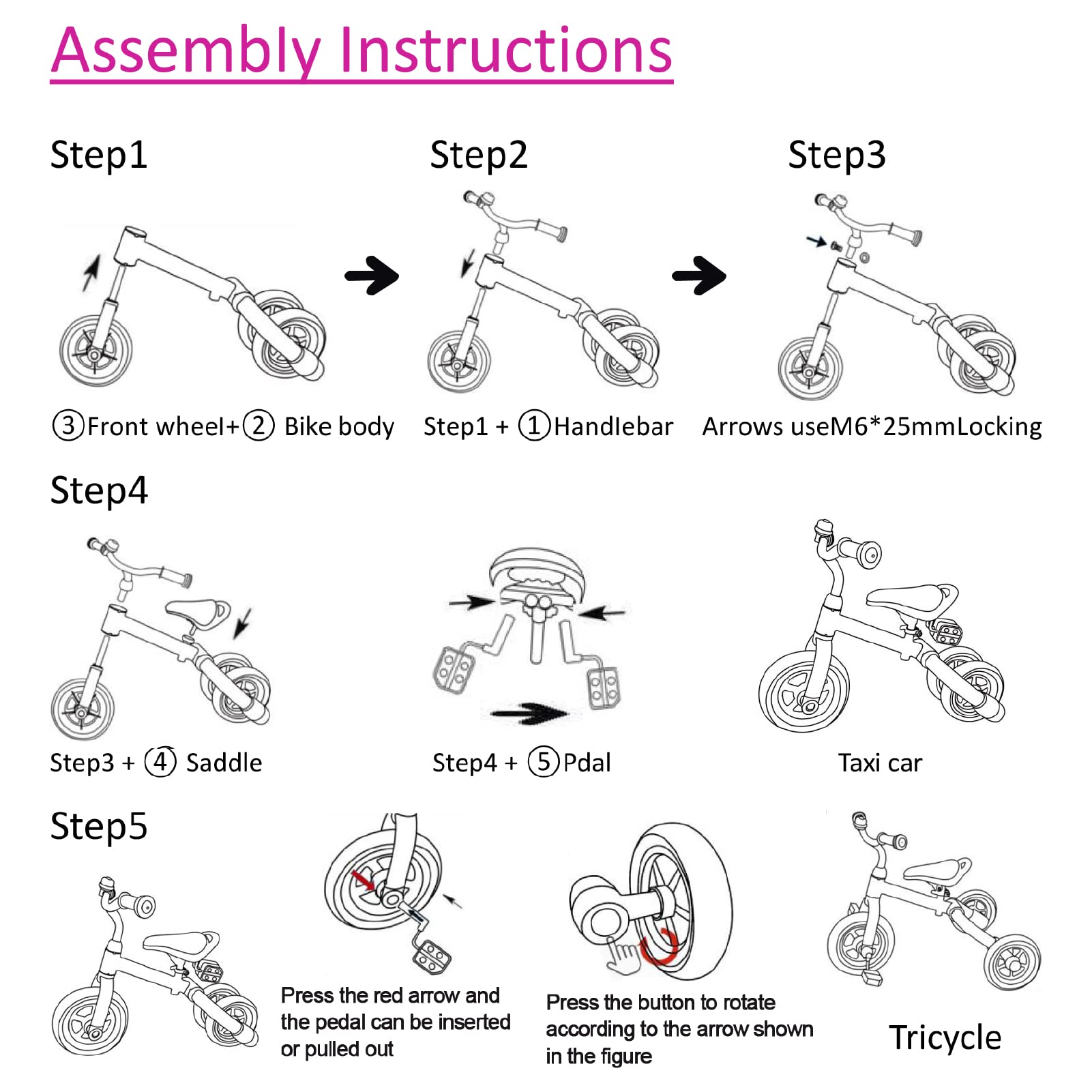 Ancaixin 3-in-1 Adjustable Toddler Tricycle for Kids Ages 2-5 | Convertible Balance Bike with Detachable Pedals & Bell | Foldable Design | Perfect Birthday, Christmas & New Year Gift (Pink) | Ideal for Outdoor Play, Park Rides & Learning to Cycle