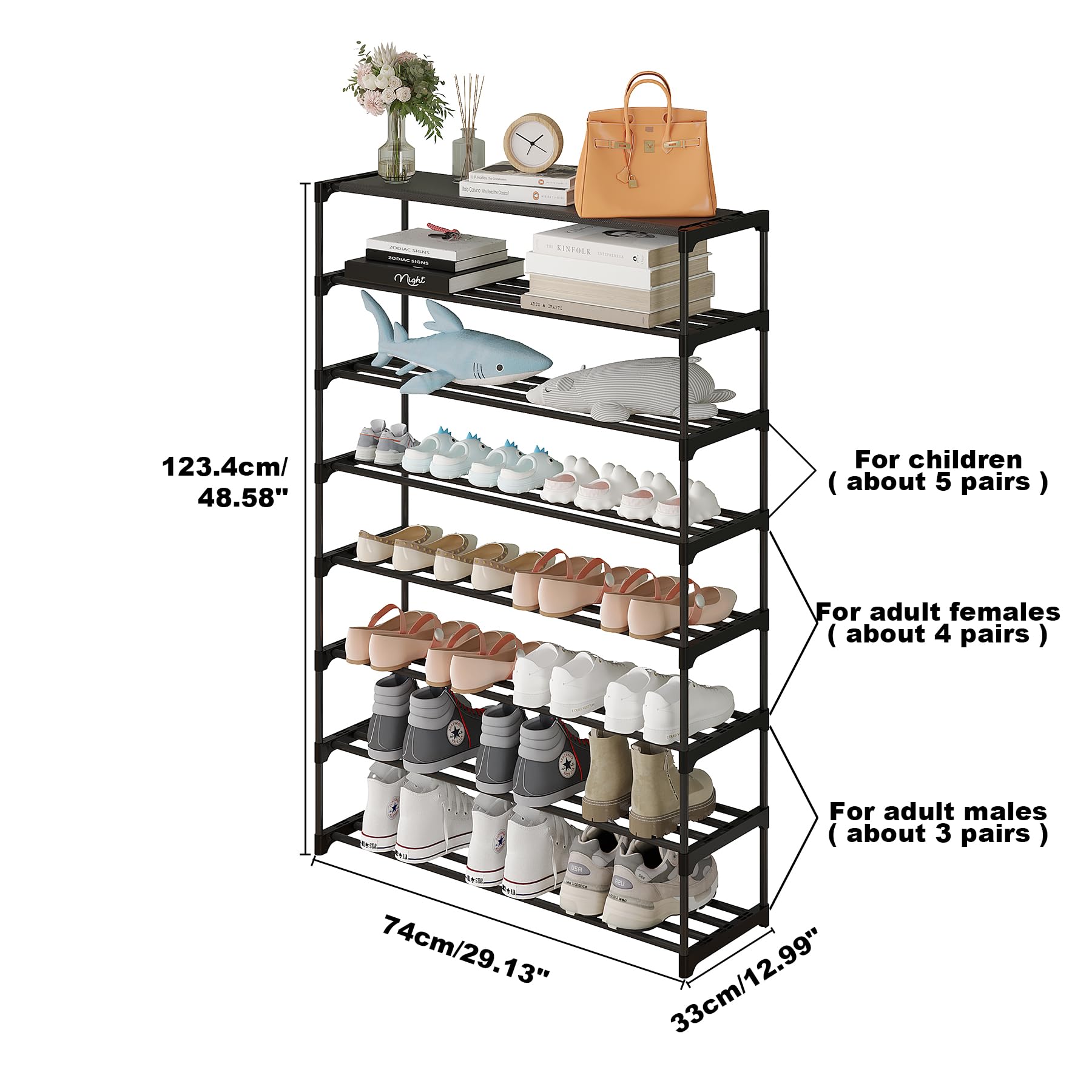 Calmootey 8-Tier Shoe Rack - Large Capacity Organizer Holds 40 Pairs | Stackable Shoe Shelf for Entryway & Hallway | Space-Saving Black Shoe Storage Solution for Home, Apartment & Closet Organization