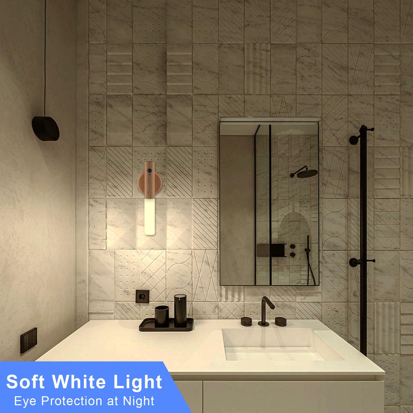 LANDGOO LED Motion Sensor Wall Lights - Set of 2 Rechargeable Battery Operated Sconces with 360° Rotation & Magnetic Base, Cordless Bedroom Lighting for Hallway, Closet, Staircase (White Ash Wood)