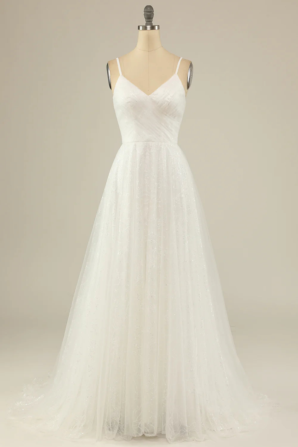 Elegant A-Line Spaghetti Strap White Tulle Party Dress with Sparkle - Perfect for Weddings, Prom, Quinceañera & Special Occasions