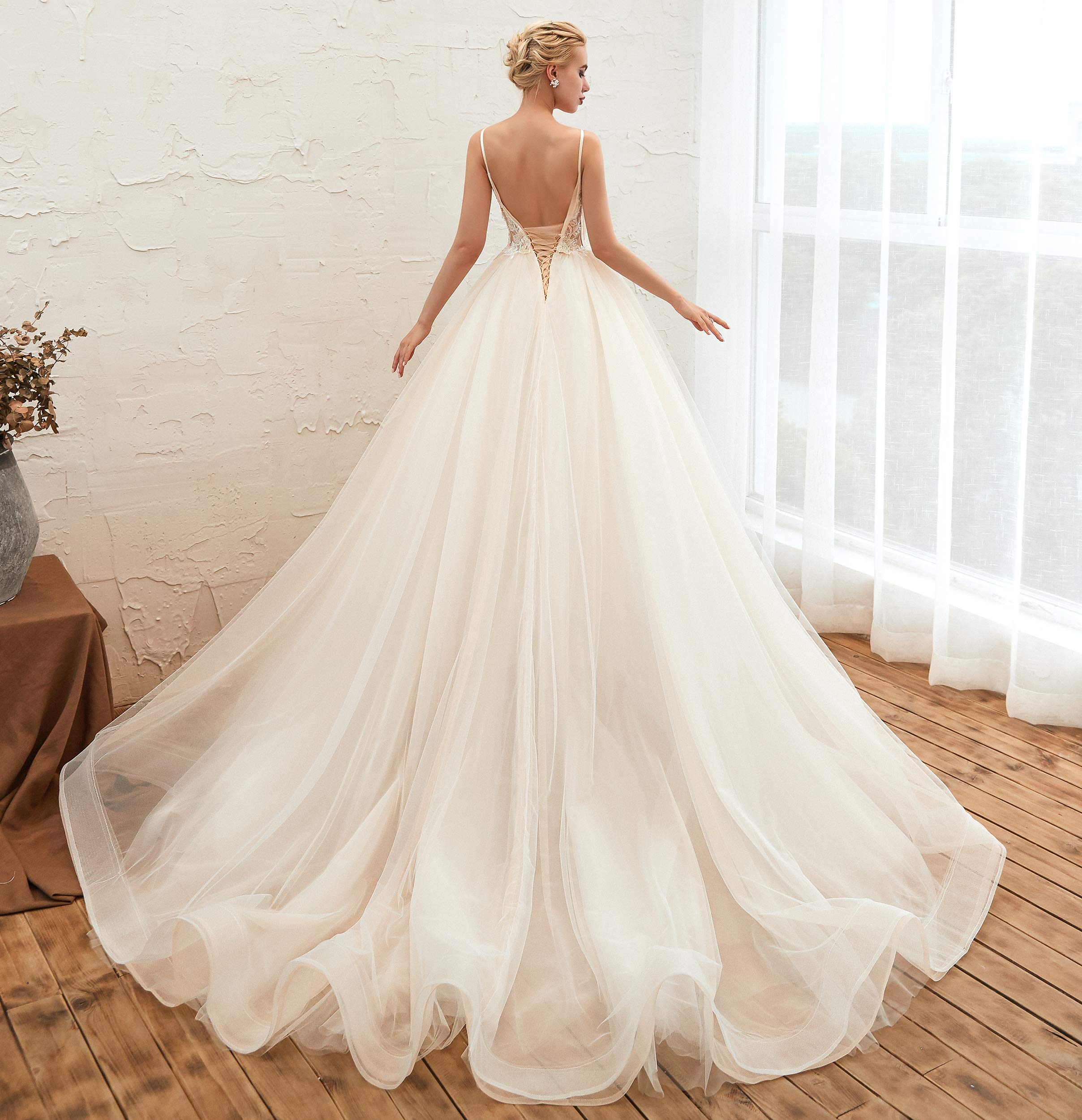 Elegant Women's Spaghetti Straps Beaded Applique Tulle Beach Wedding Dress - Perfect for Beach Ceremonies, Destination Weddings & Summer Bridal Gowns