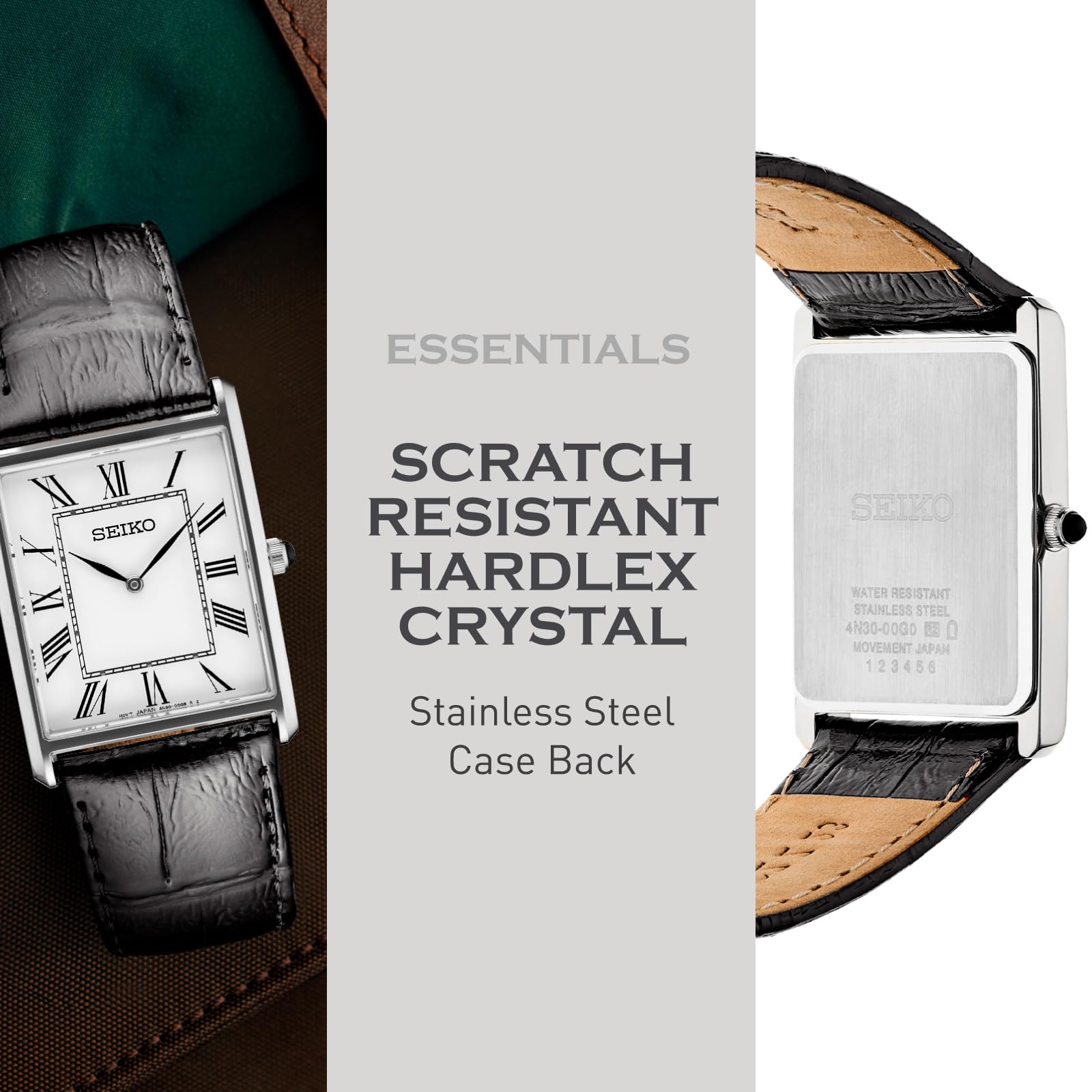 SEIKO Men's Essentials Watch - Stainless Steel Rectangular Case & Leather Strap - Water Resistant - Perfect for Business, Casual & Formal Occasions