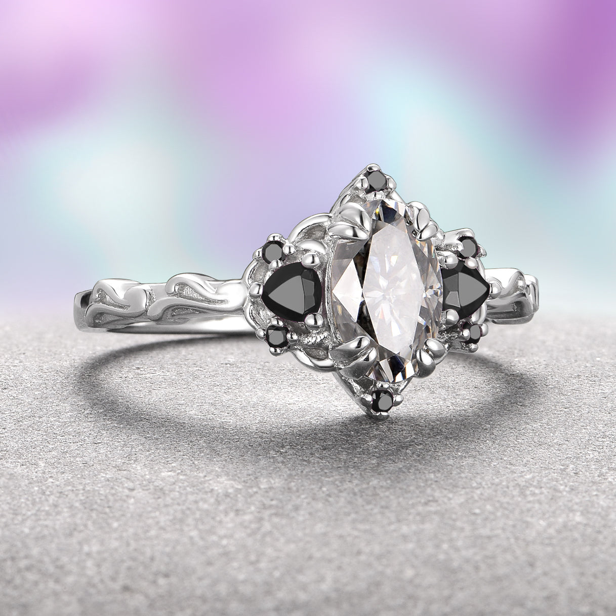 Elegant Esme Gray Moissanite & Black Onyx Ring in Sterling Silver - Perfect for Weddings, Anniversaries & Special Occasions
