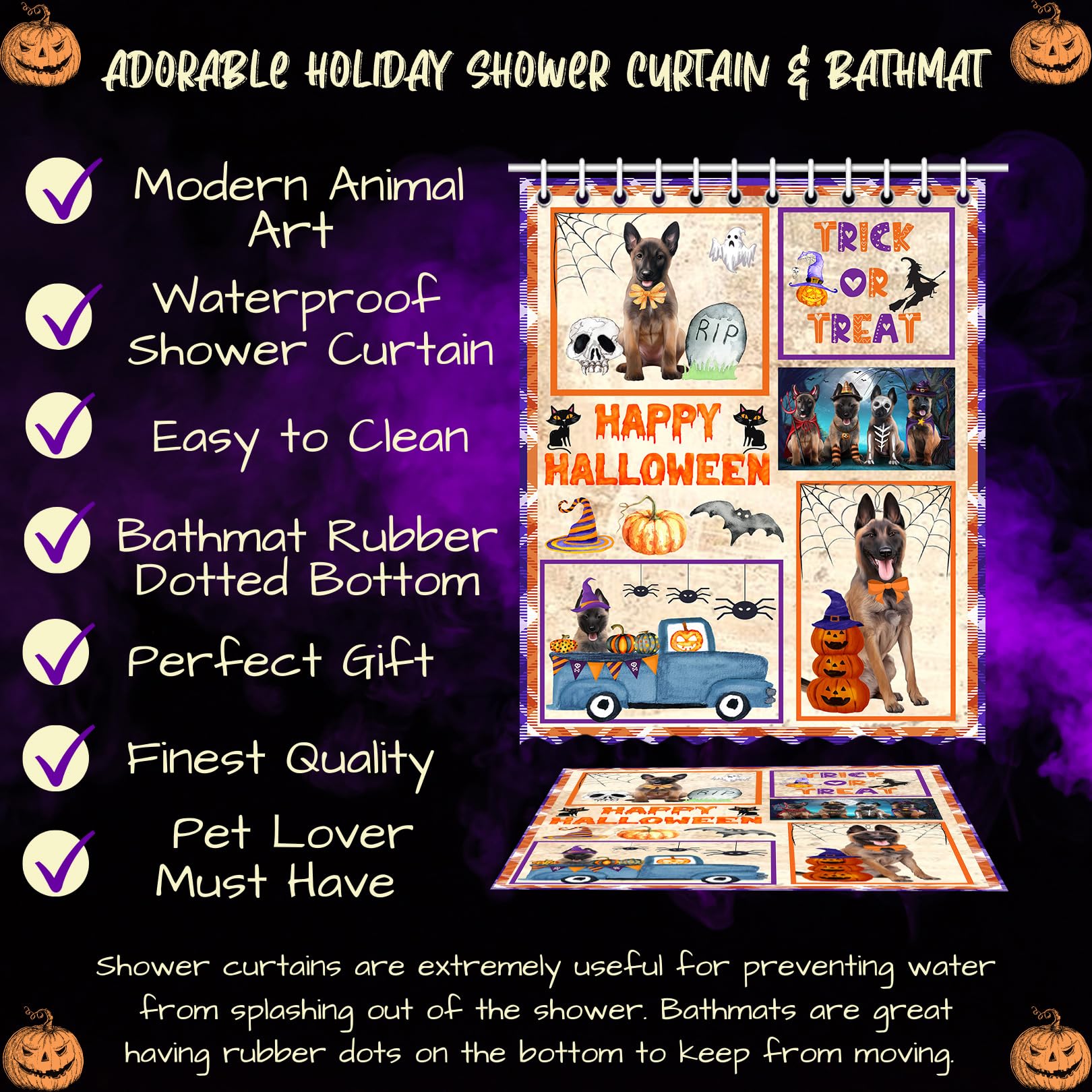 Halloween Trick or Treat Belgian Malinois Dog Bath Mat & Shower Curtain Set - Non-Slip Bathroom Decor, Plush Rug & Polyester Bathtub Curtain with Hooks (Mat 20