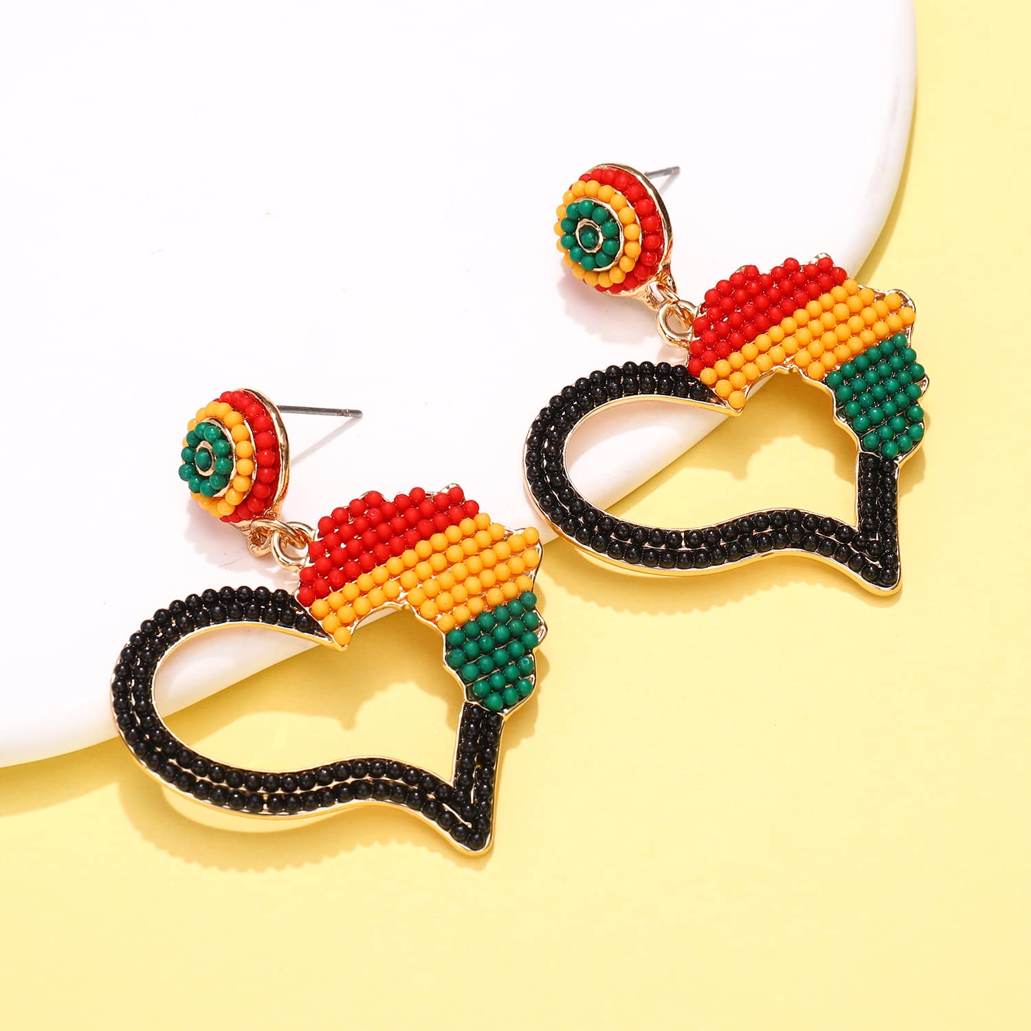 Crystal Beaded Afro Dangle Earrings for Women - African Map & Heart Design Ethnic Jewelry - Juneteenth Inspired Gift for Black Women - Perfect for Parties, Weddings & Cultural Celebrations