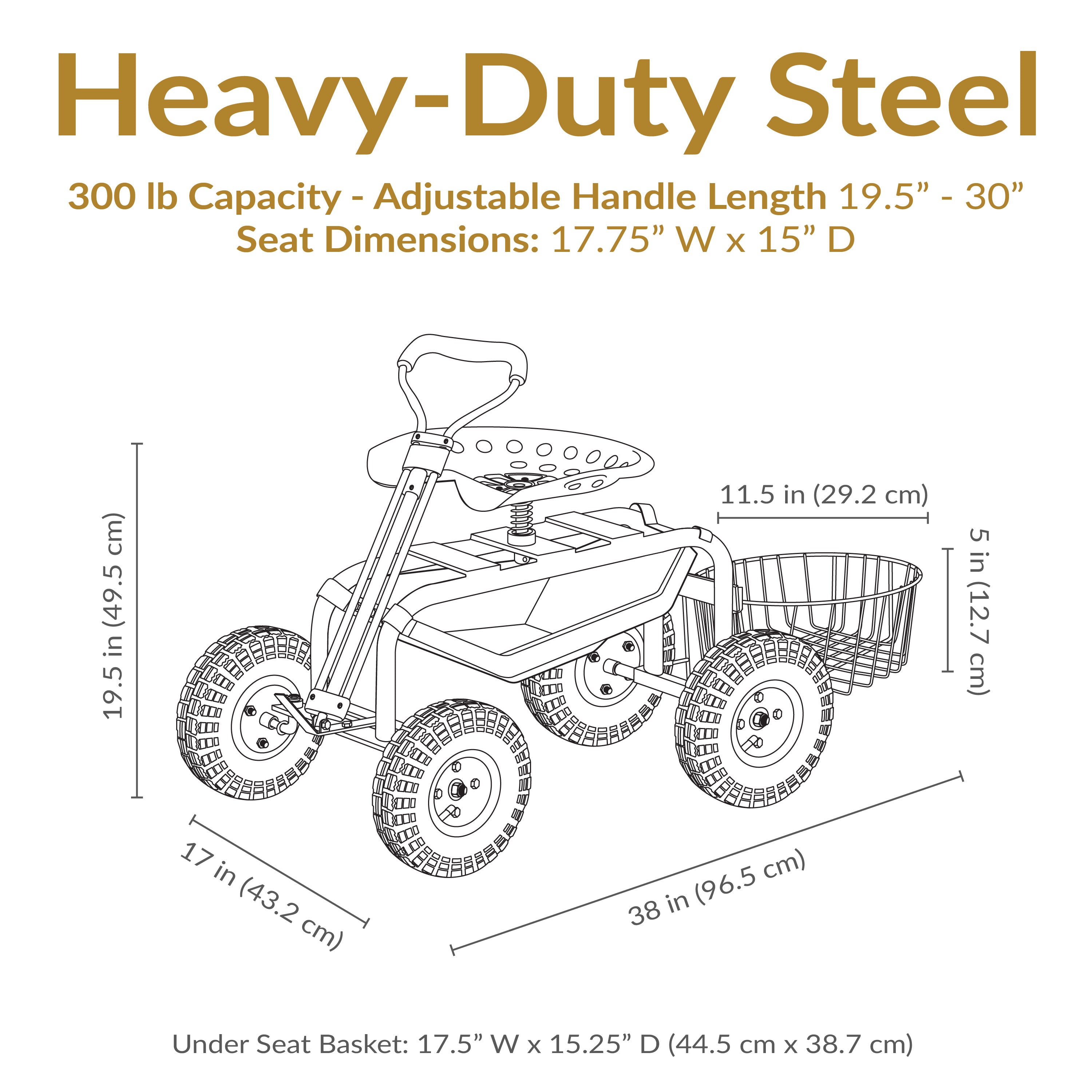 Sunnydaze Rolling Garden Cart with Swivel Seat, Handle & Basket - Heavy Duty Utility Wagon for Outdoor Gardening, Yard Work & Home Organization