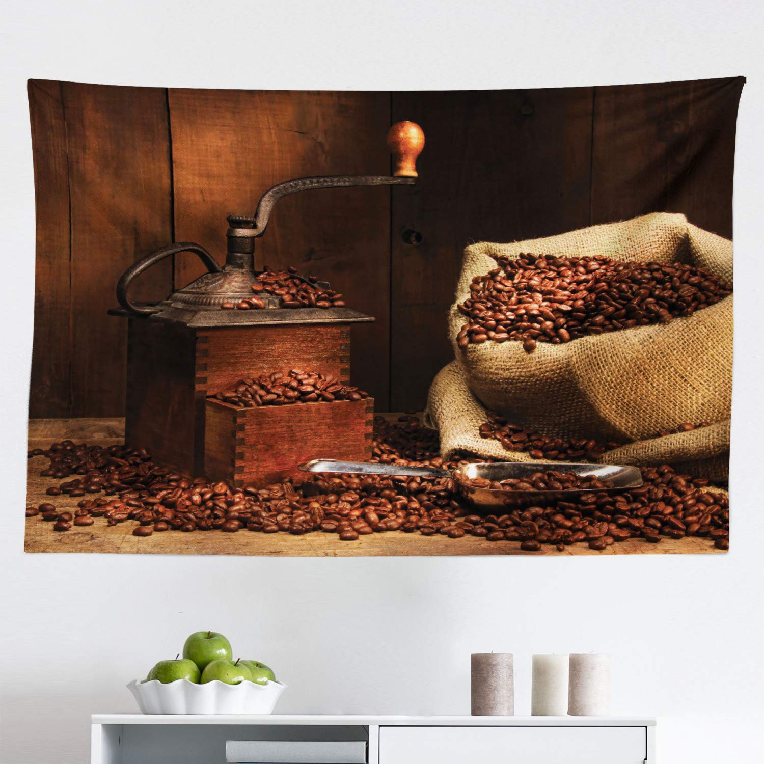 Vintage Coffee Tapestry Wall Art - Ambesonne Antique Coffee Grinder with Beans Design, 45