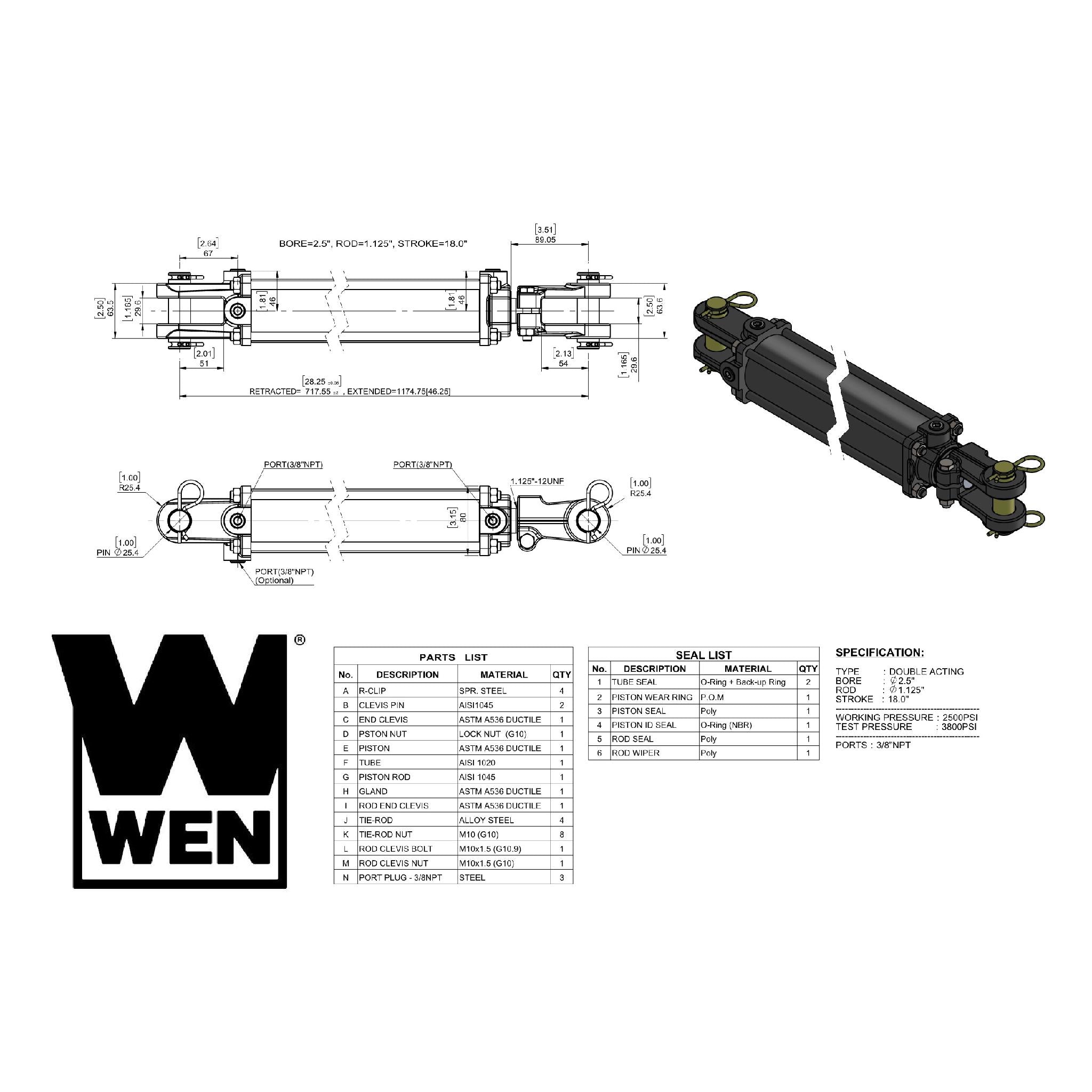 WEN TR2518 2500 PSI Hydraulic Cylinder - 2.5 Inch Bore, 18 Inch Stroke for Heavy-Duty Construction Equipment and Industrial Machinery