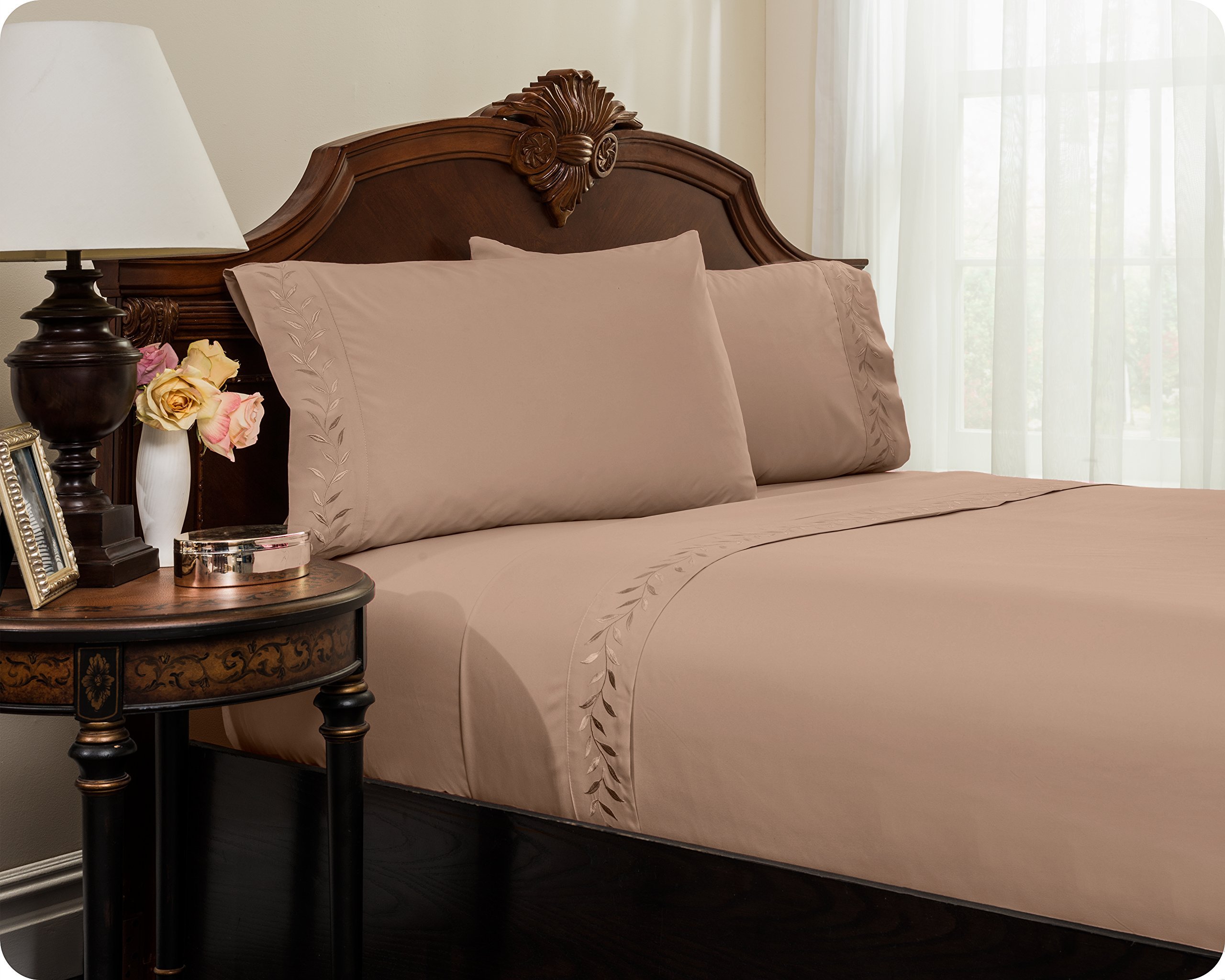 Reversifi Embroidered King Size Bed Sheet Set - Soft Brushed Microfiber 4-Piece Bedding - Hypoallergenic, Wrinkle & Fade Resistant - Amphora/Taupe Color - Perfect for Master Bedroom, Guest Room & Luxury Hotels