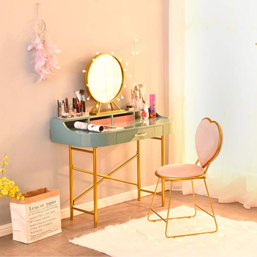 JHSLXD Creative Heart-Shaped Vanity Chair with Golden Back - 80CM Blue Flannel Dressing Table Makeup Stool for Kids Room & Bedroom Decor | Perfect for Girls' Bedroom, Nursery, and Makeup Vanity Areas