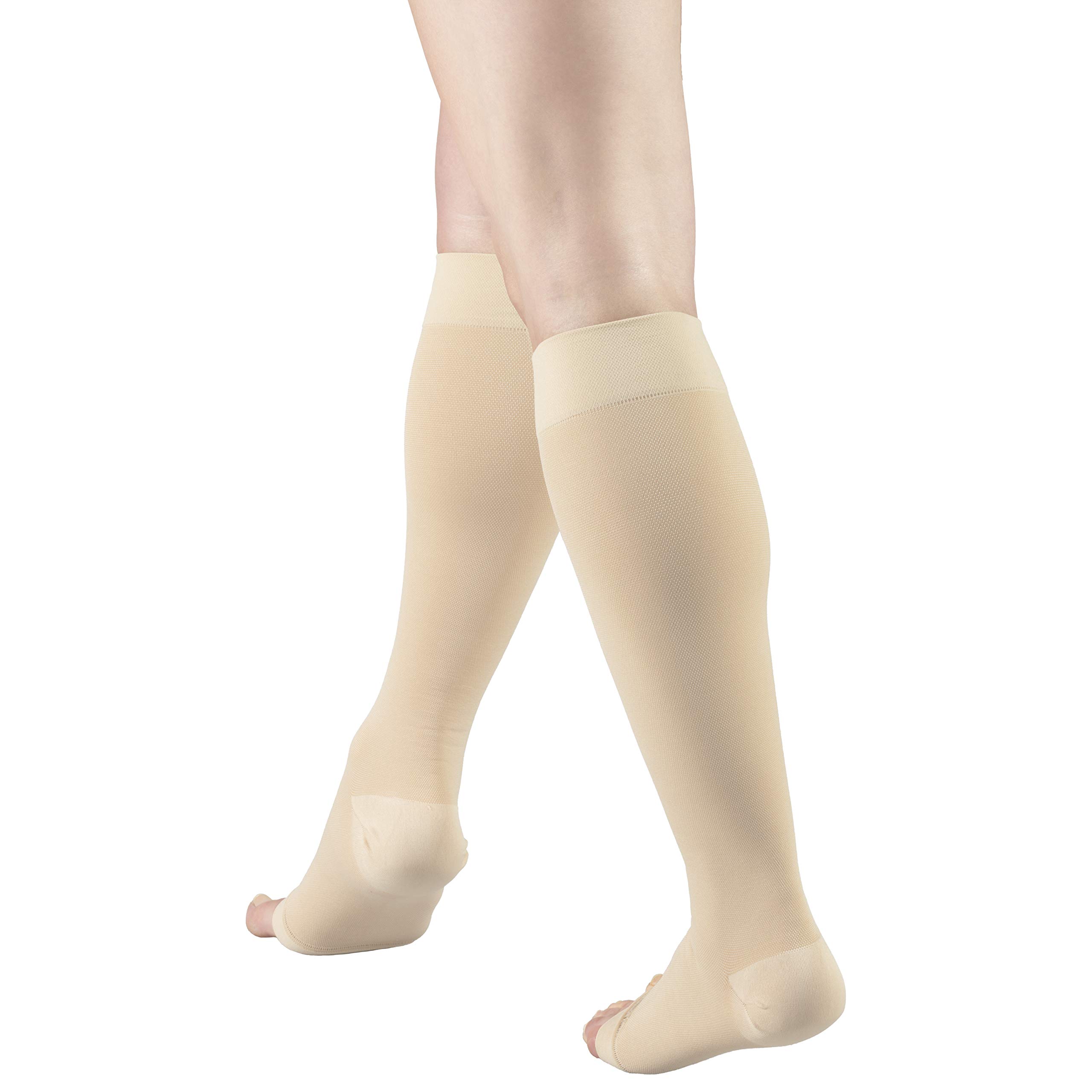 Truform 20-30 mmHg Compression Socks for Men & Women - Knee High Open Toe Stockings in Beige (Medium) - Improve Circulation & Reduce Swelling for Travel, Work & Recovery