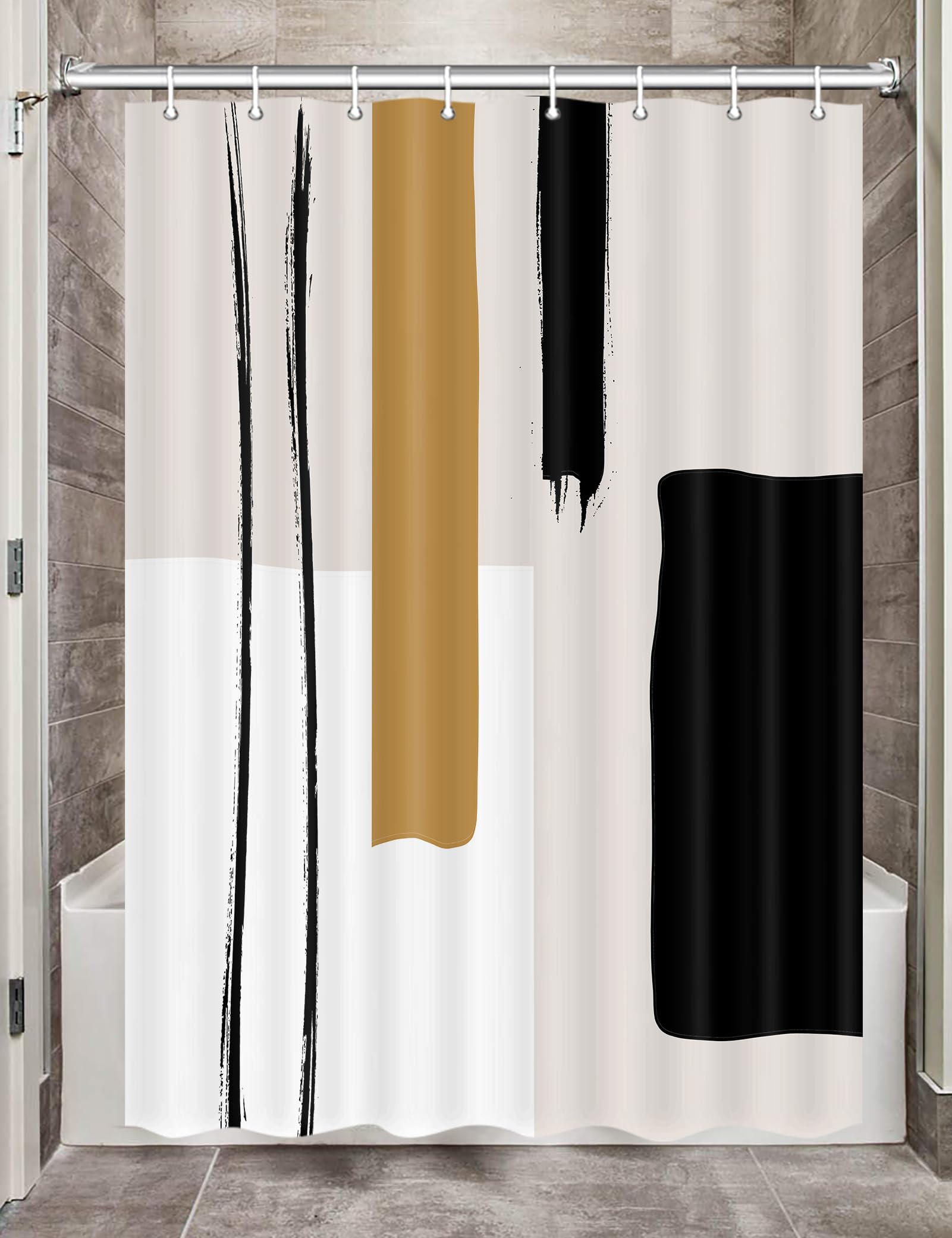 Abstract Modern Camper RV Shower Curtain for Travel Trailer Bathroom - Beige Camping Fabric Shower Curtain Set with Hooks (47x64 Inch) - Waterproof & Lightweight for Outdoor Adventures, RV Trips & Tiny Home Decor